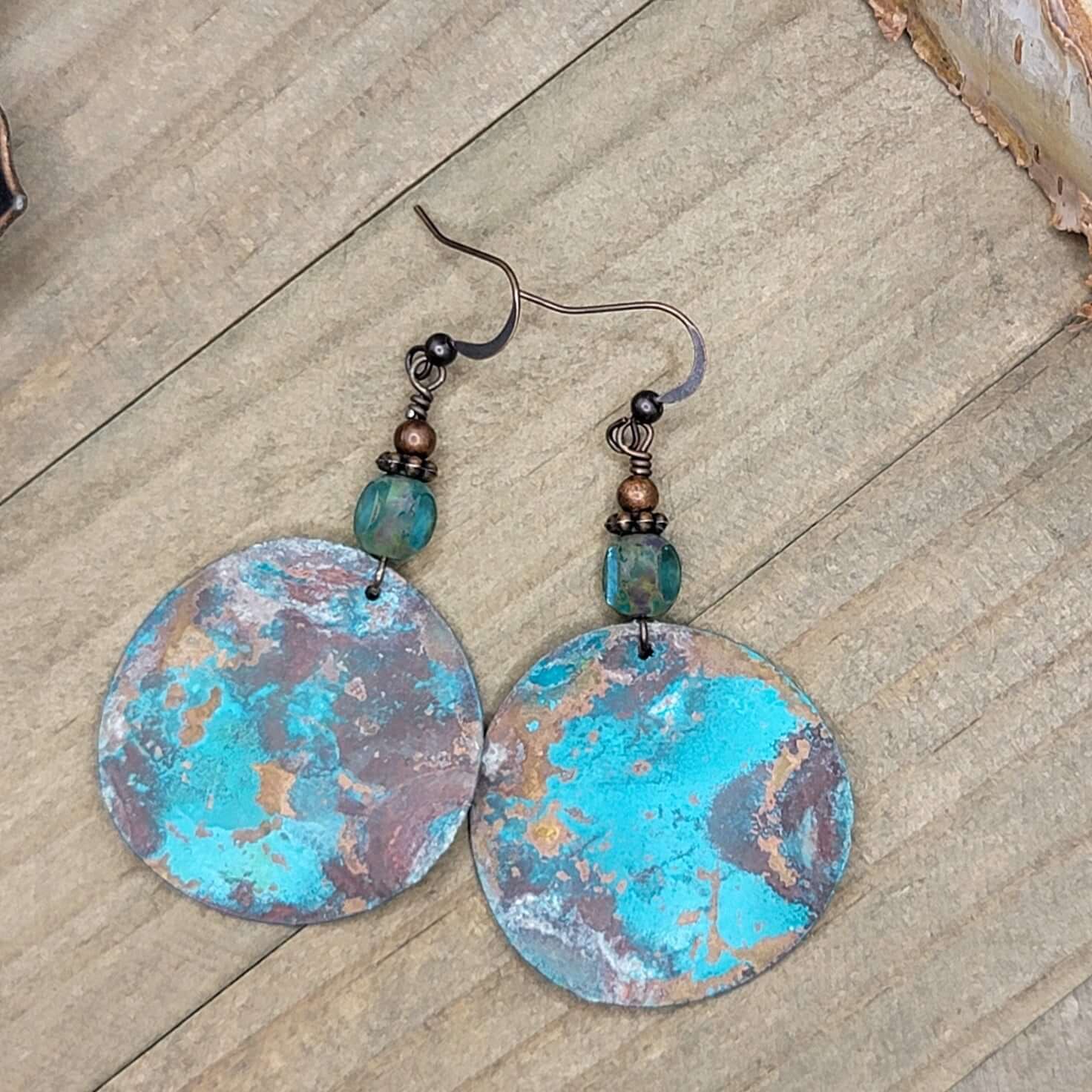 Blue Green Wavy Patina Copper Earrings, Nicki Lynn Jewelry 