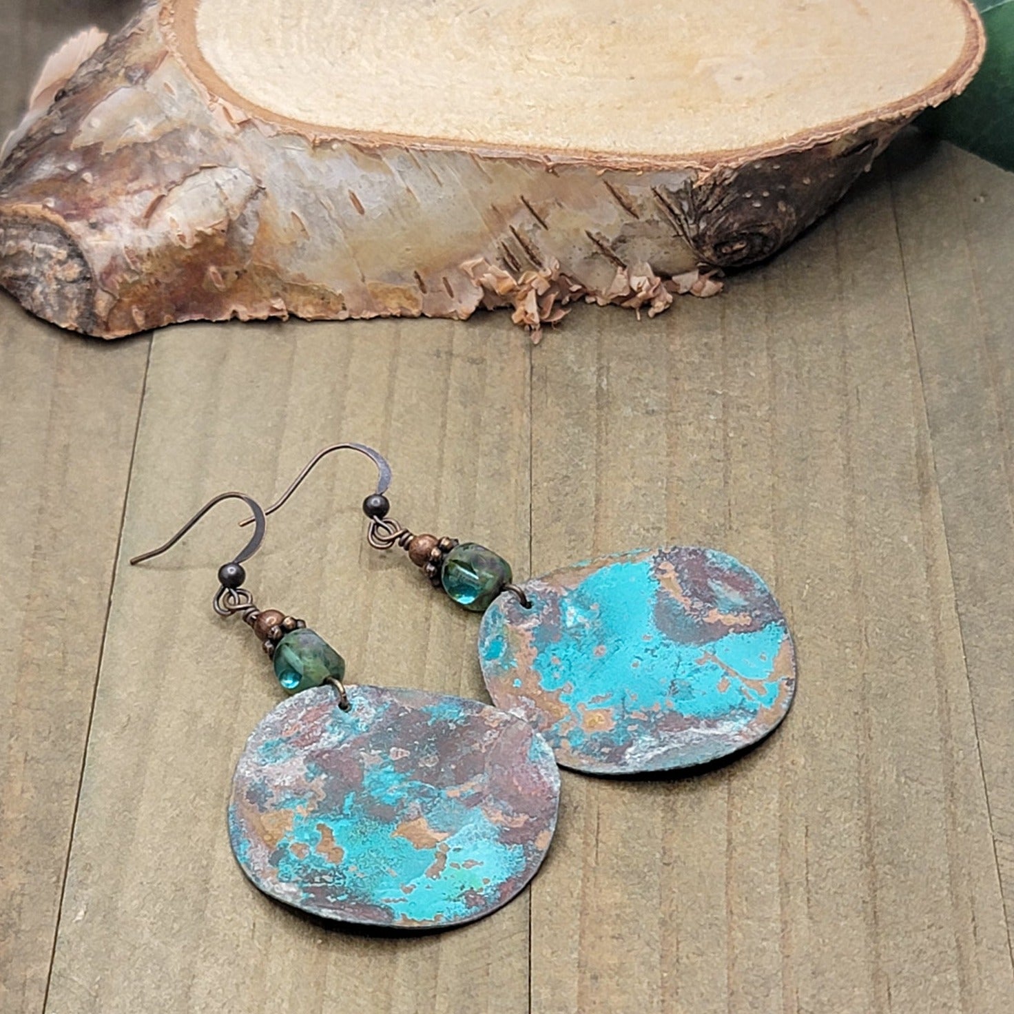Blue Green Wavy Patina Copper Earrings, Nicki Lynn Jewelry 