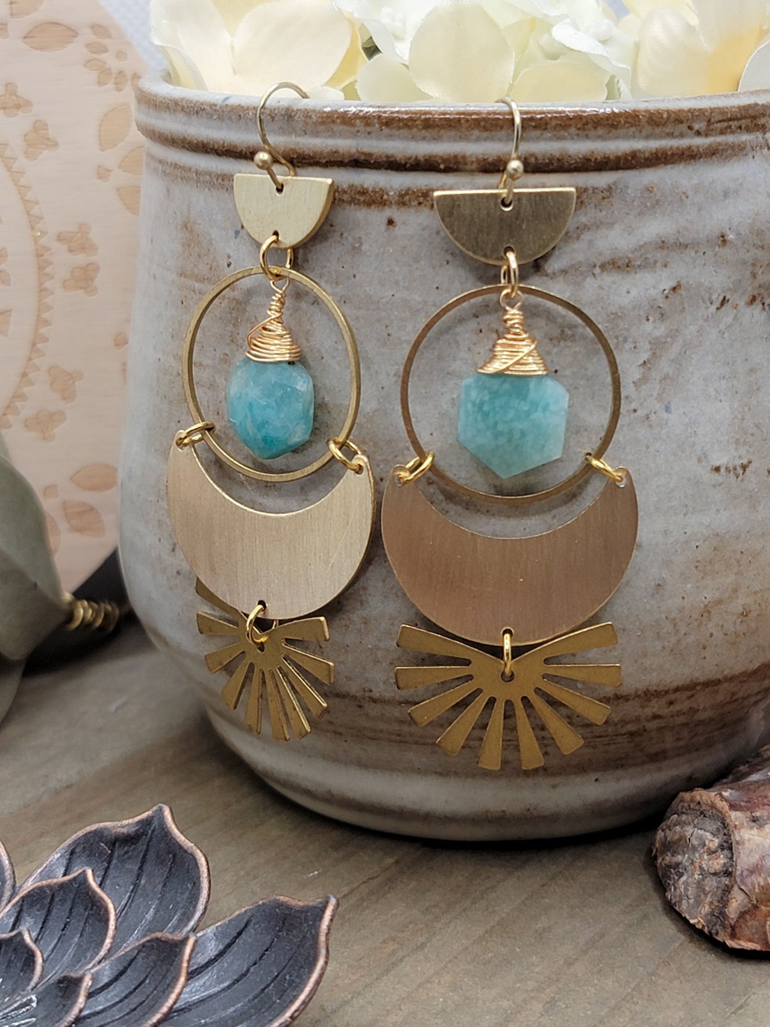 Amazonite and Brass Modern Statement Earrings, Nicki Lynn Jewelry 