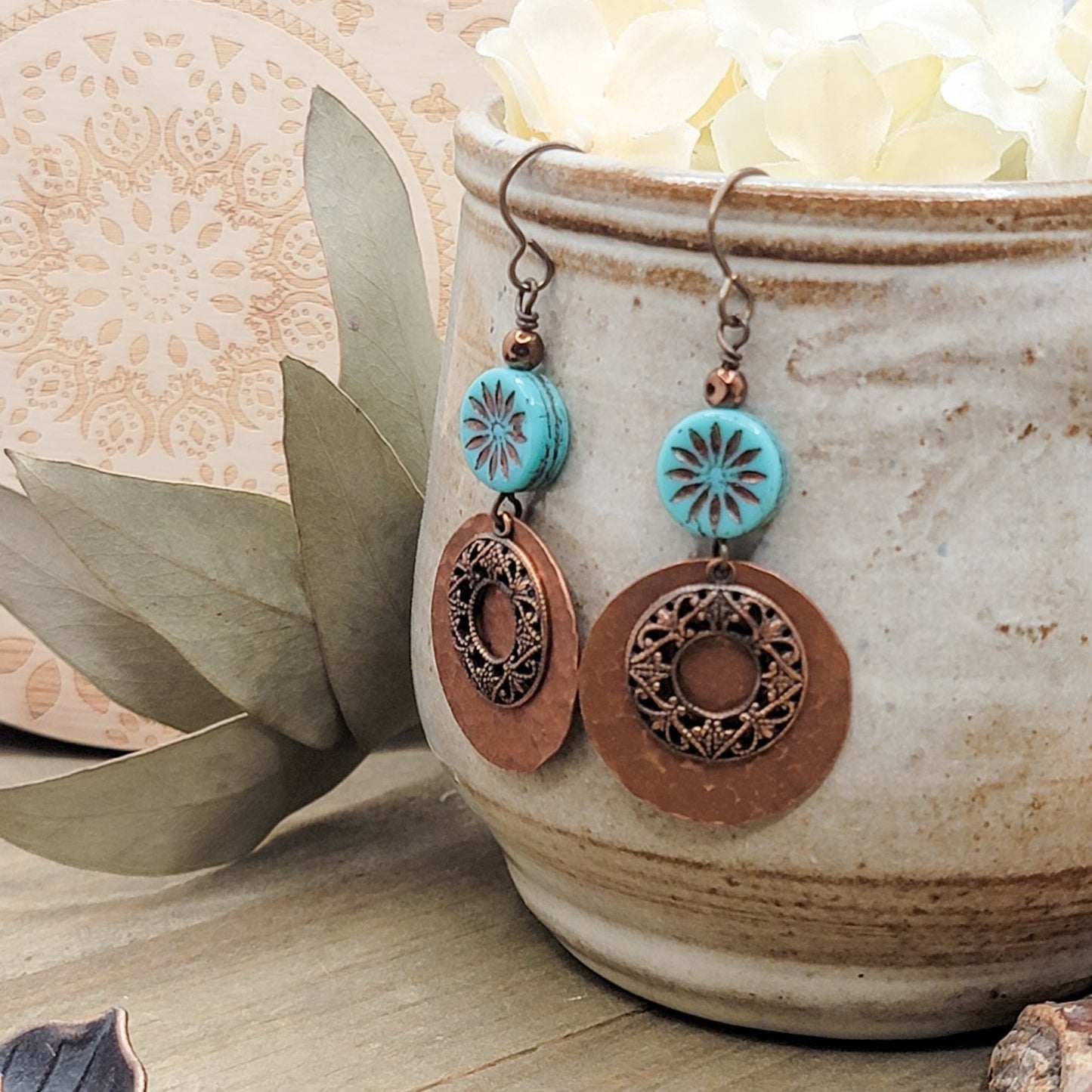 Copper Disc and Czech Bead Drop Earrings - Nicki Lynn Jewelry