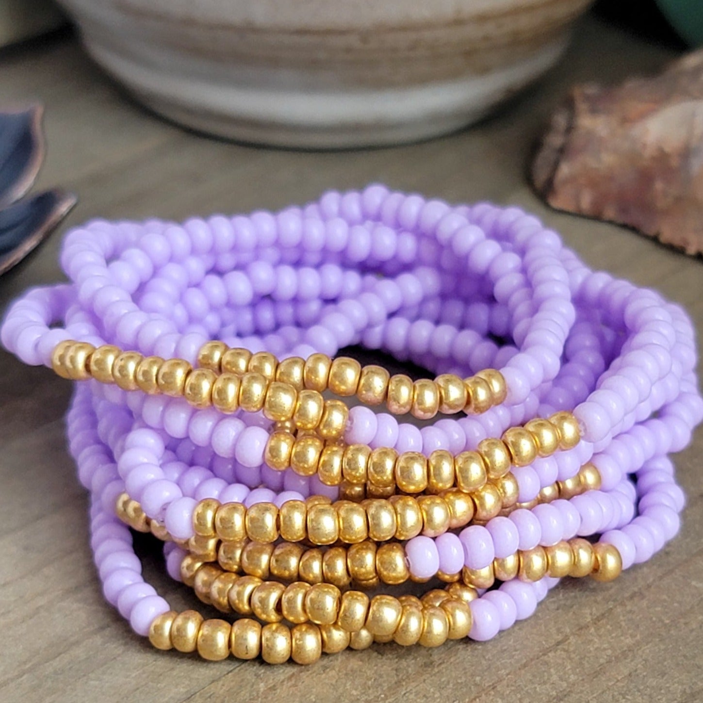 Bohemian Beaded Stretch Bracelet Stack-Set of 12-Lavender and Gold, Nicki Lynn Jewelry 