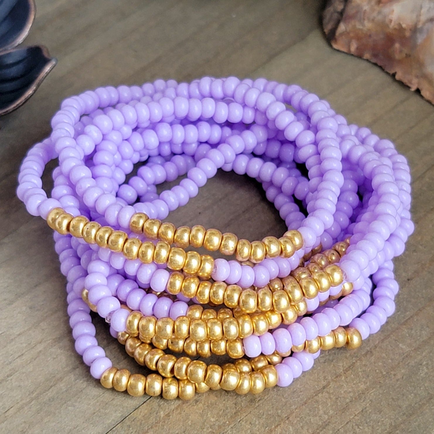 Bohemian Beaded Stretch Bracelet Stack-Set of 12-Lavender and Gold, Nicki Lynn Jewelry 