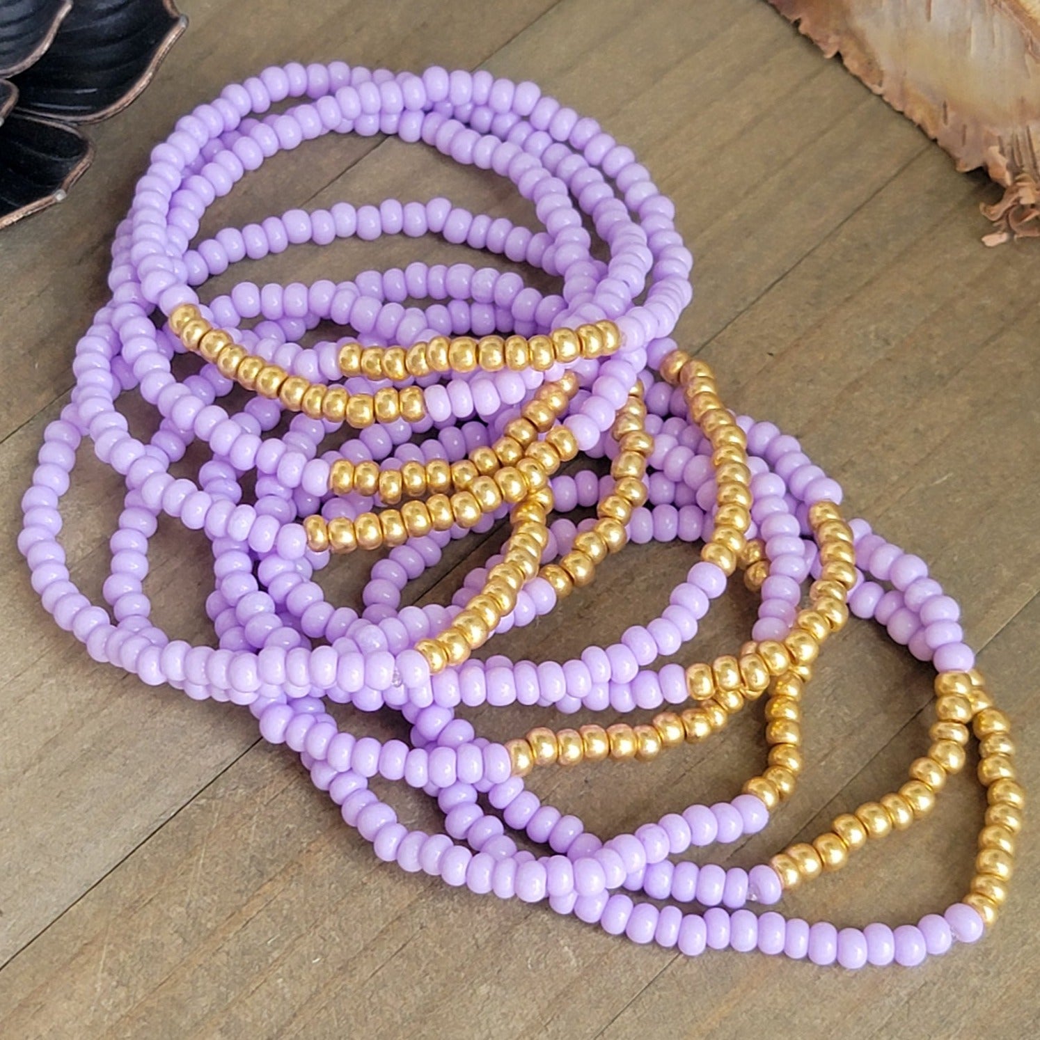 Bohemian Beaded Stretch Bracelet Stack-Set of 12-Lavender and Gold, Nicki Lynn Jewelry 