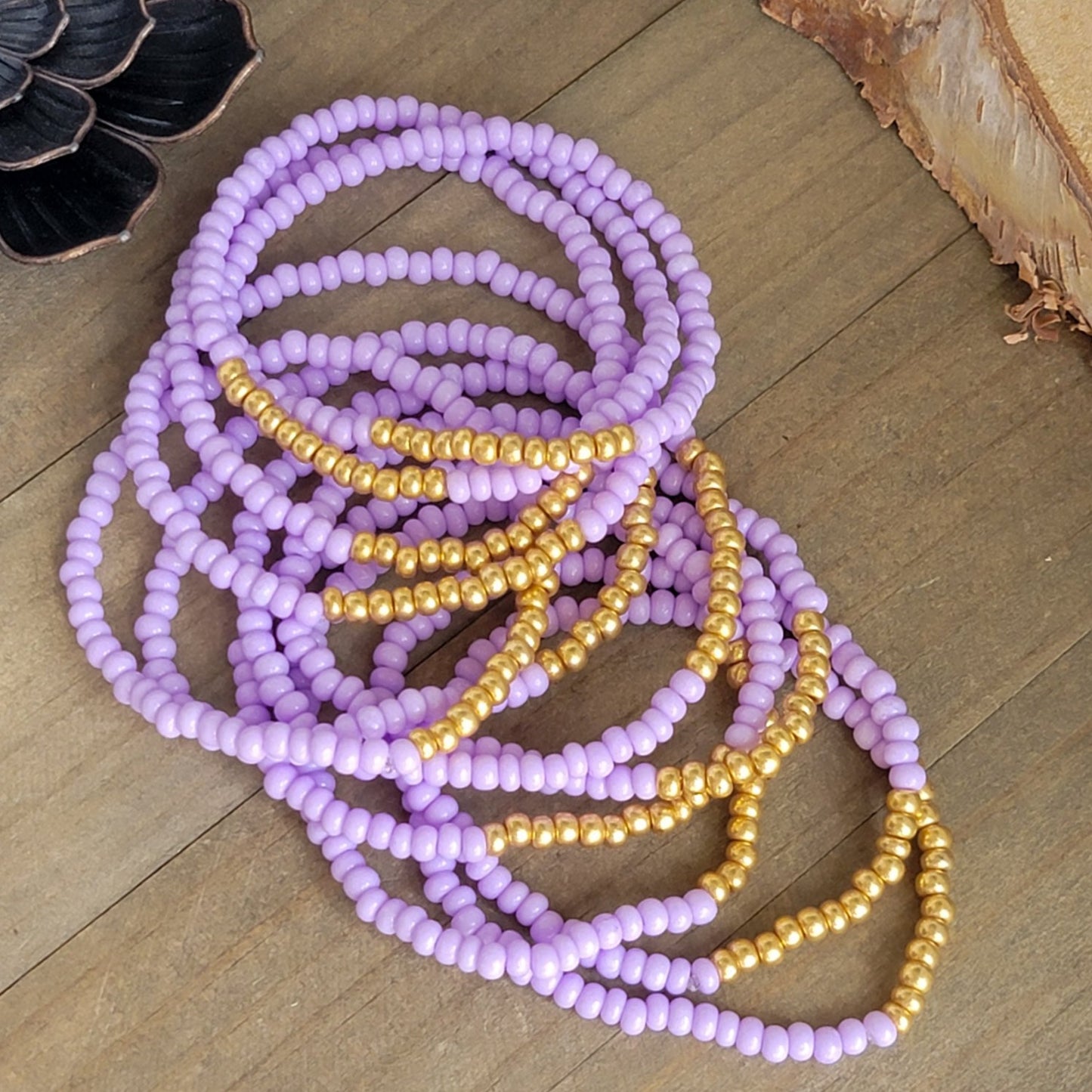 Bohemian Beaded Stretch Bracelet Stack-Set of 12-Lavender and Gold, Nicki Lynn Jewelry