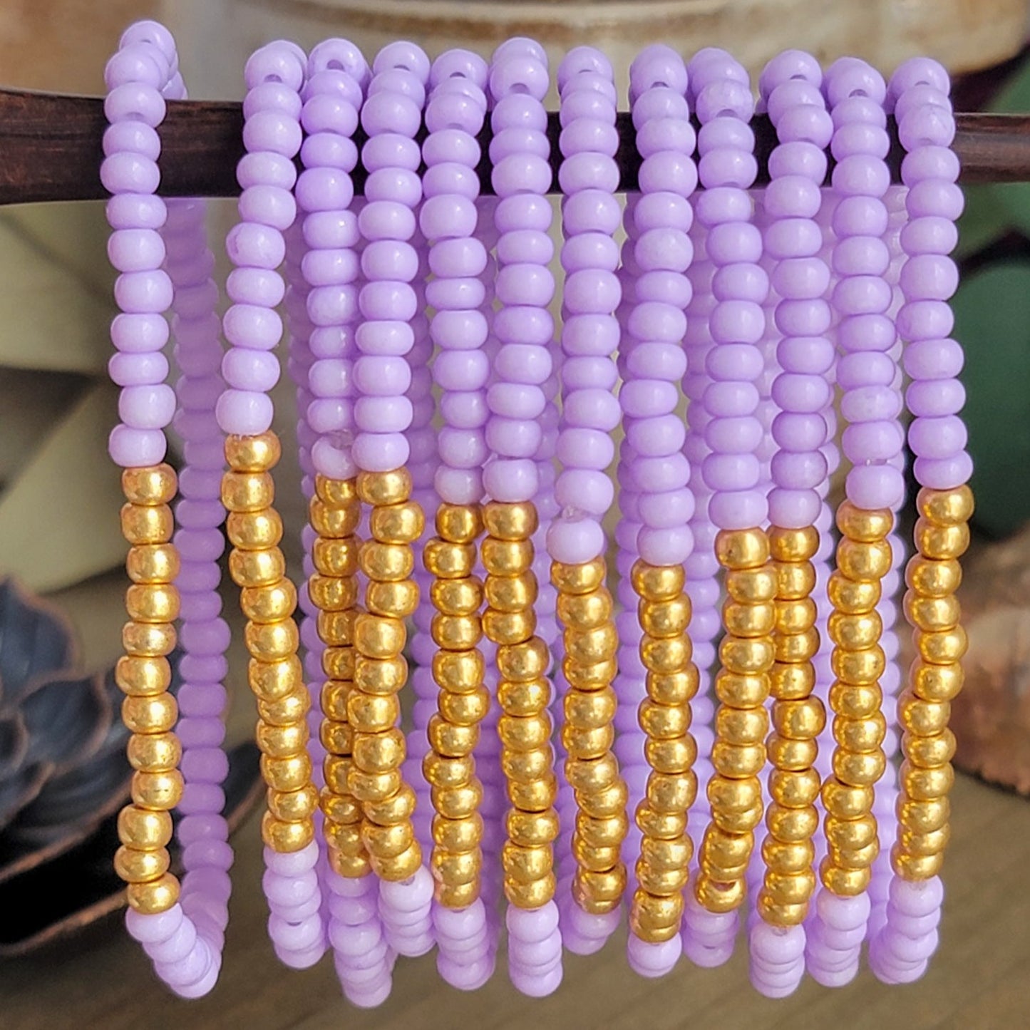 Bohemian Beaded Stretch Bracelet Stack-Set of 12-Lavender and Gold, Nicki Lynn Jewelry 