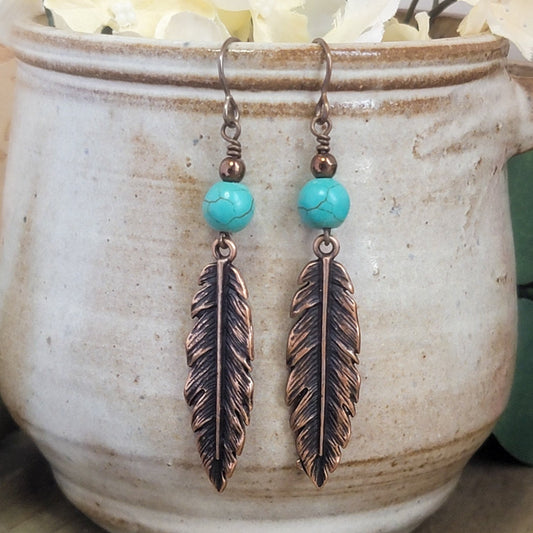 Copper Leaf and Turquoise Stone Earthy Earrings, Nicki Lynn Jewelry