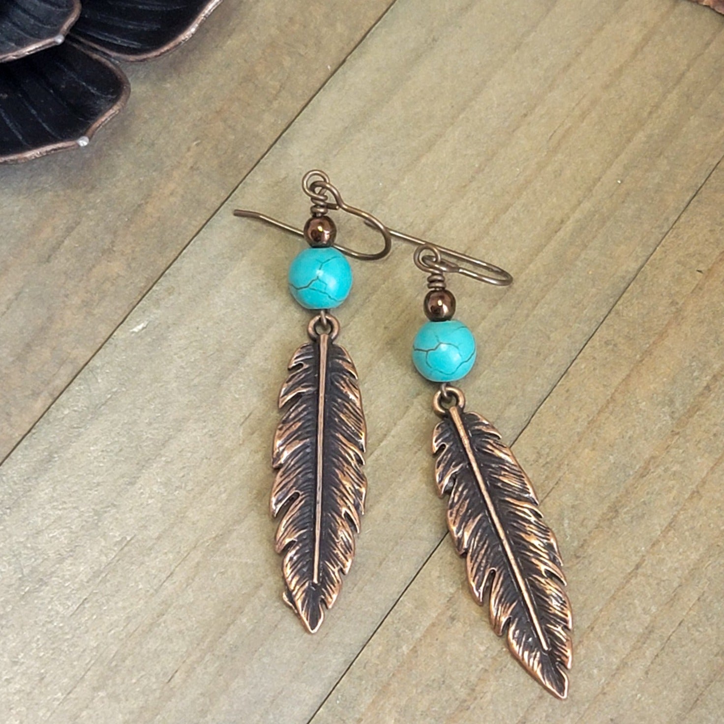 Copper Leaf and Turquoise Stone Earthy Earrings, Nicki Lynn Jewelry