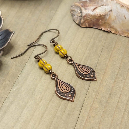 Mustard Yellow Boho Dangle Copper Earrings, Nicki Lynn Jewelry 