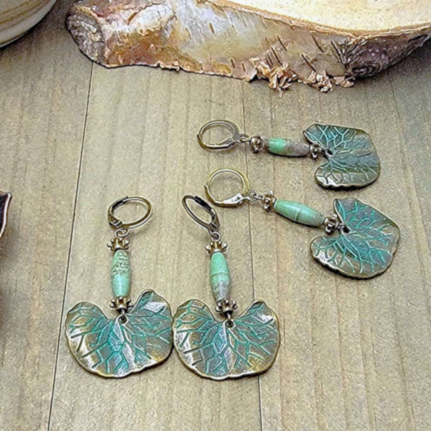 Green Verdigris Leaf Earrings- Antiqued Brass Dangles