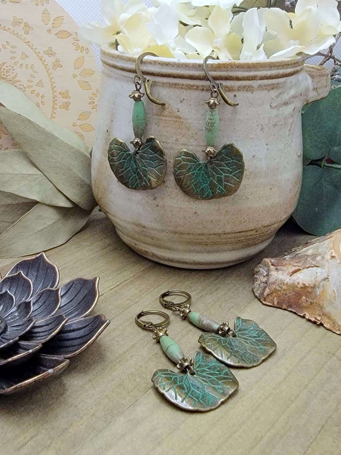 Green Verdigris Leaf Earrings- Antiqued Brass Dangles