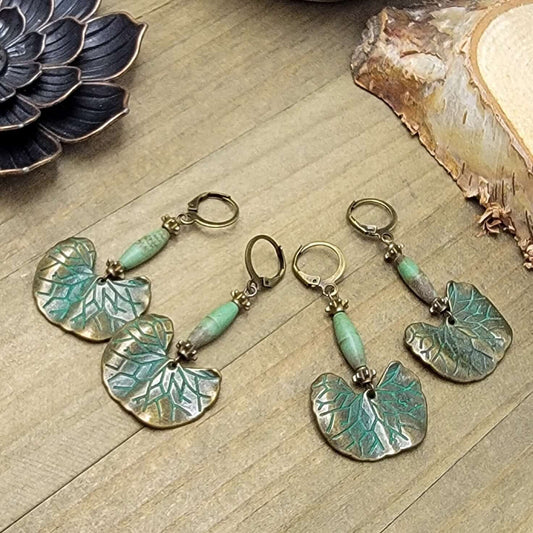 Green Verdigris Leaf Earrings- Antiqued Brass Dangles, Nicki Lynn Jewelry 