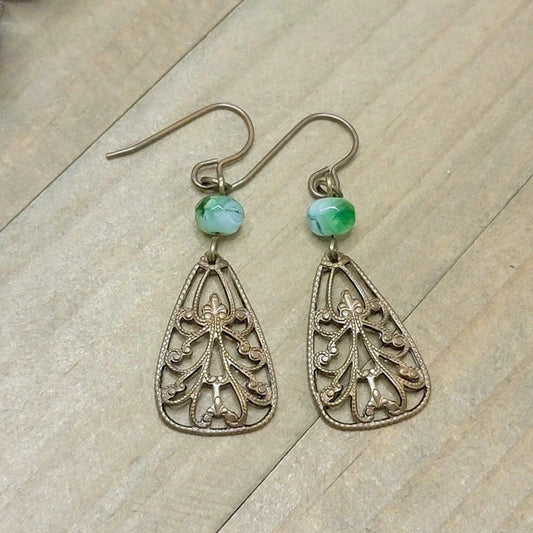 Green Brass Filigree Teardrop Dangle Earrings