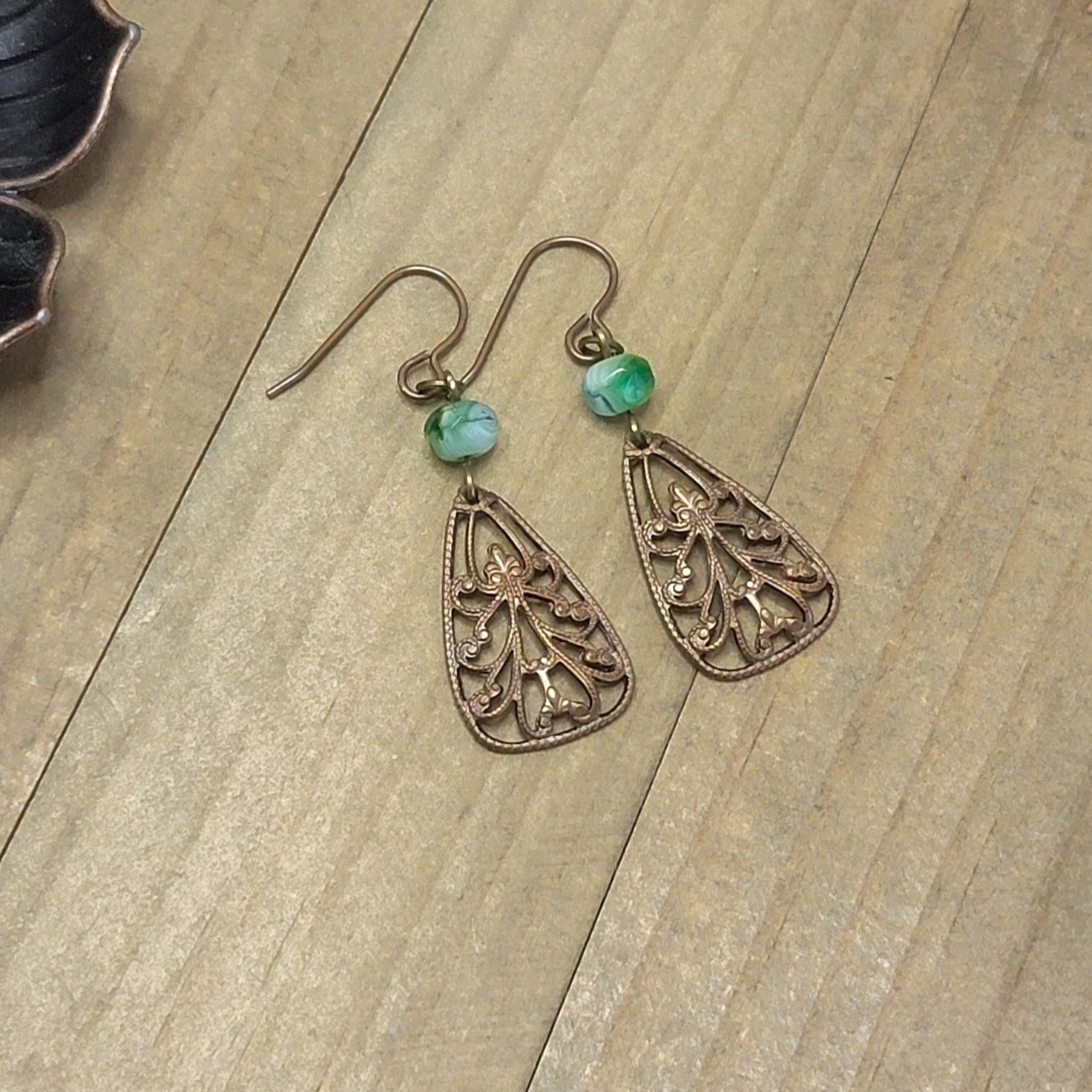 Green Brass Filigree Teardrop Dangle Earrings, Nicki Lynn Jewelry