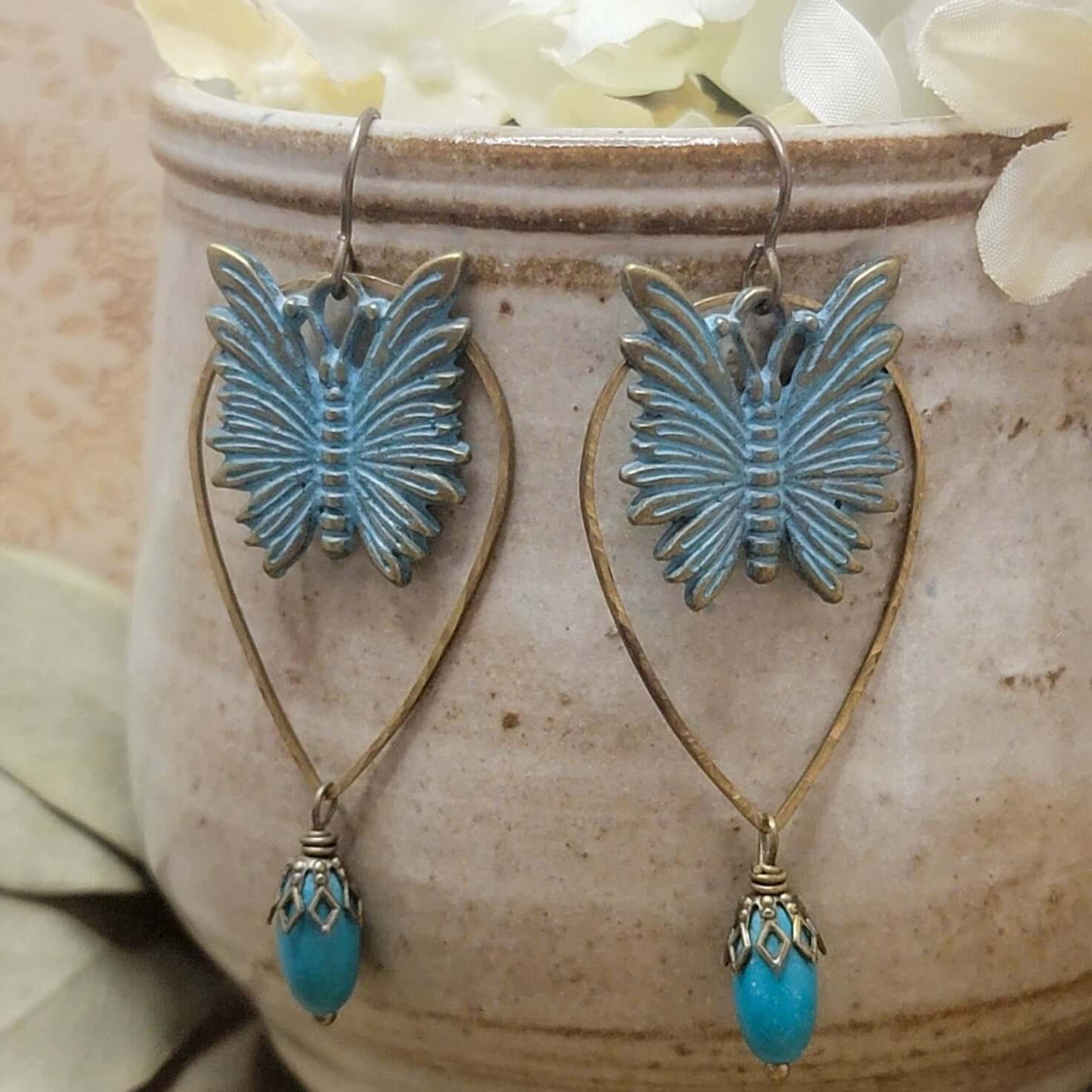 Long Brass Patina Butterfly Earrings, Nicki Lynn Jewelry 