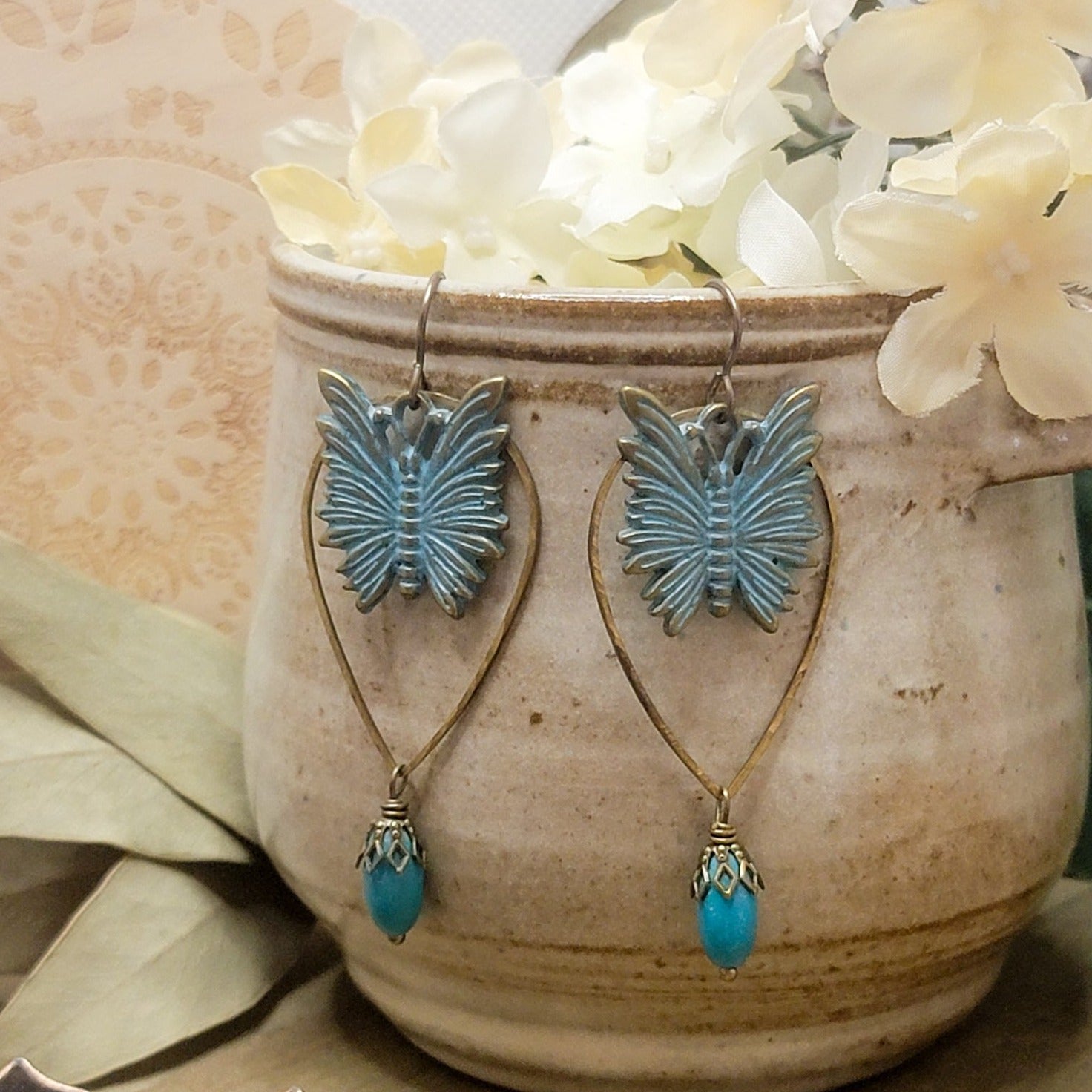 Long Brass Patina Butterfly Earrings, Nicki Lynn Jewelry 