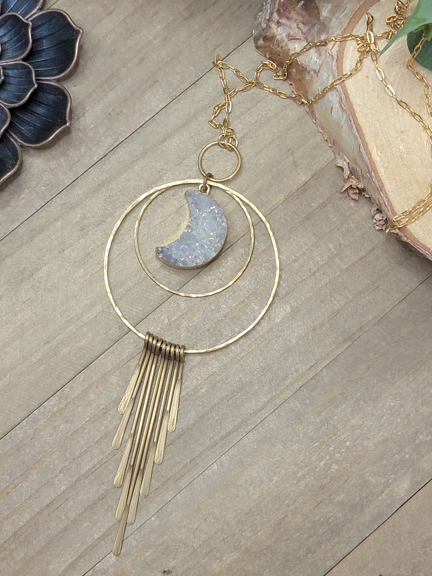 Long Quartz Druzy Crescent Moon Fringe Necklace, Nicki Lynn Jewelry 