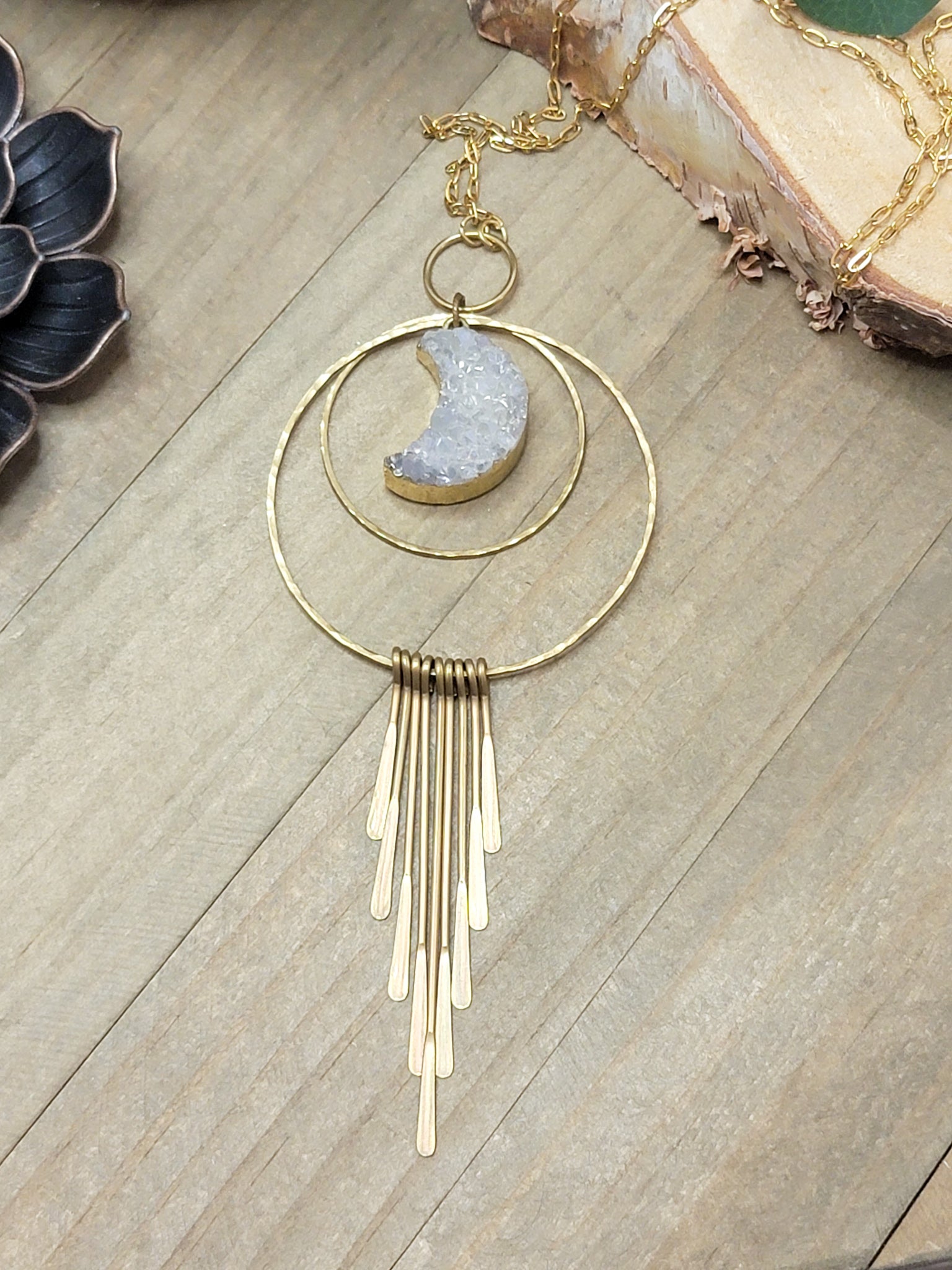 Long Quartz Druzy Crescent Moon Fringe Necklace - Nicki Lynn Jewelry