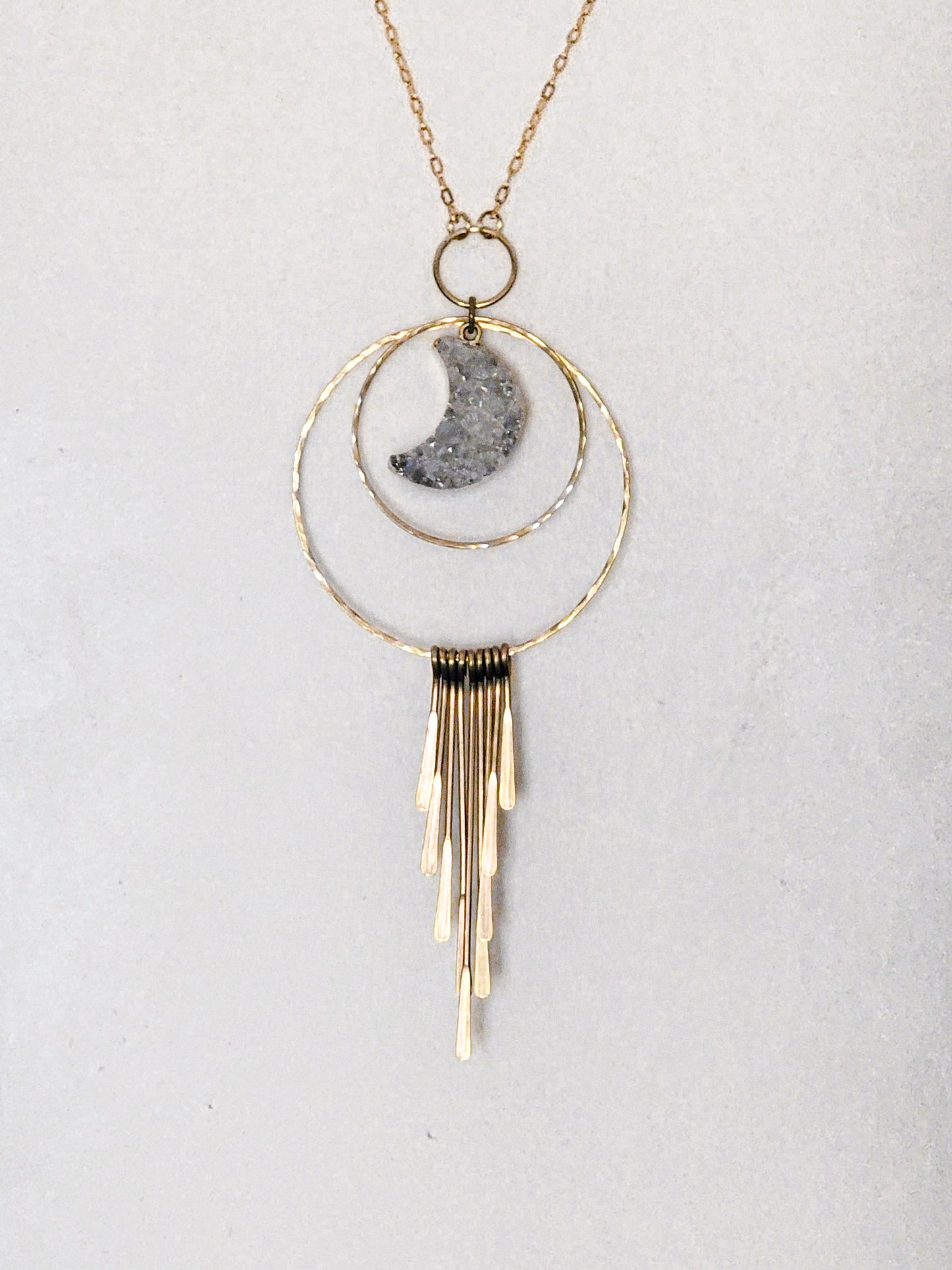 Long Quartz Druzy Crescent Moon Fringe Necklace, Nicki Lynn Jewelry 
