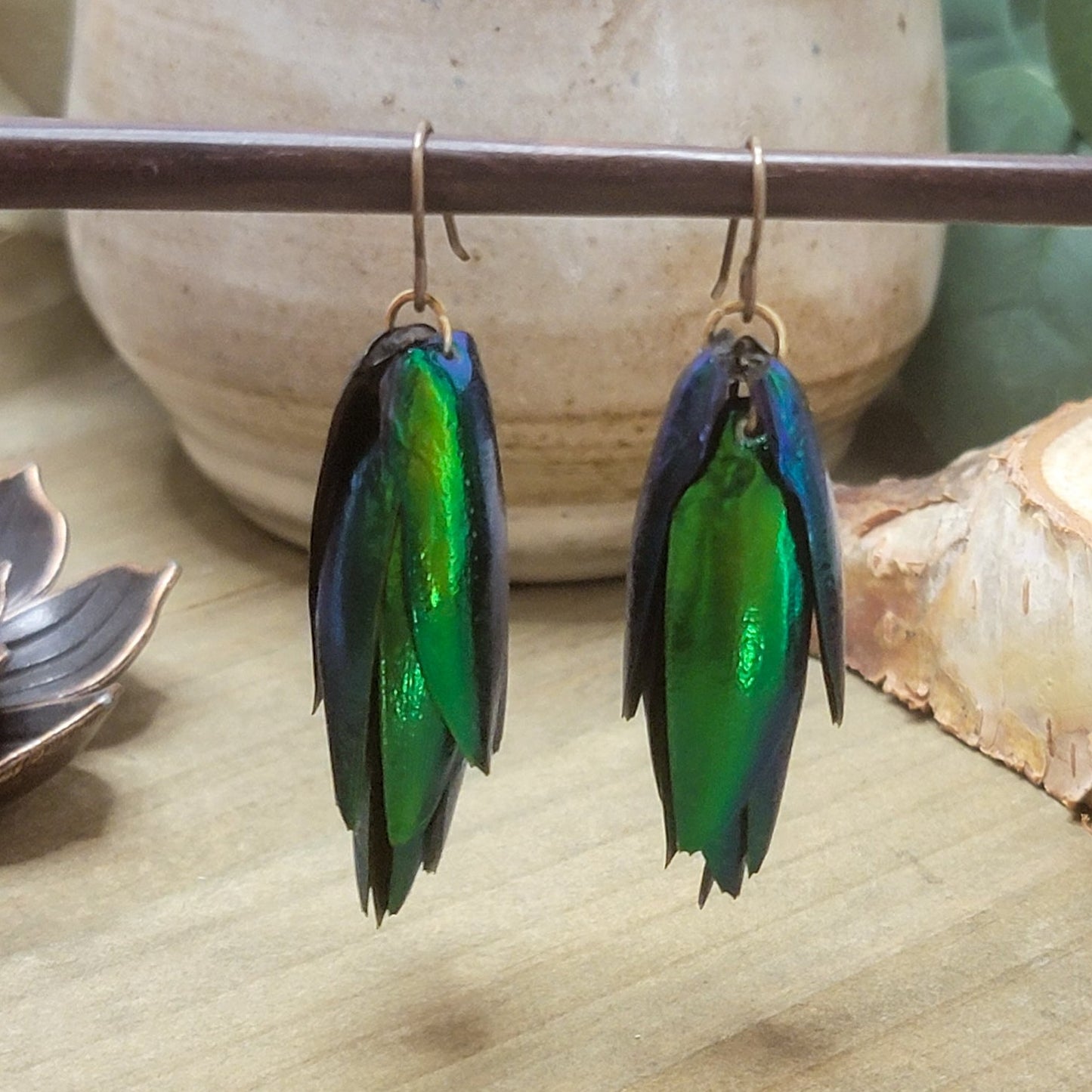 Green and Blue Jewel Beetle Wing Earrings, Nicki Lynn Jewelry 