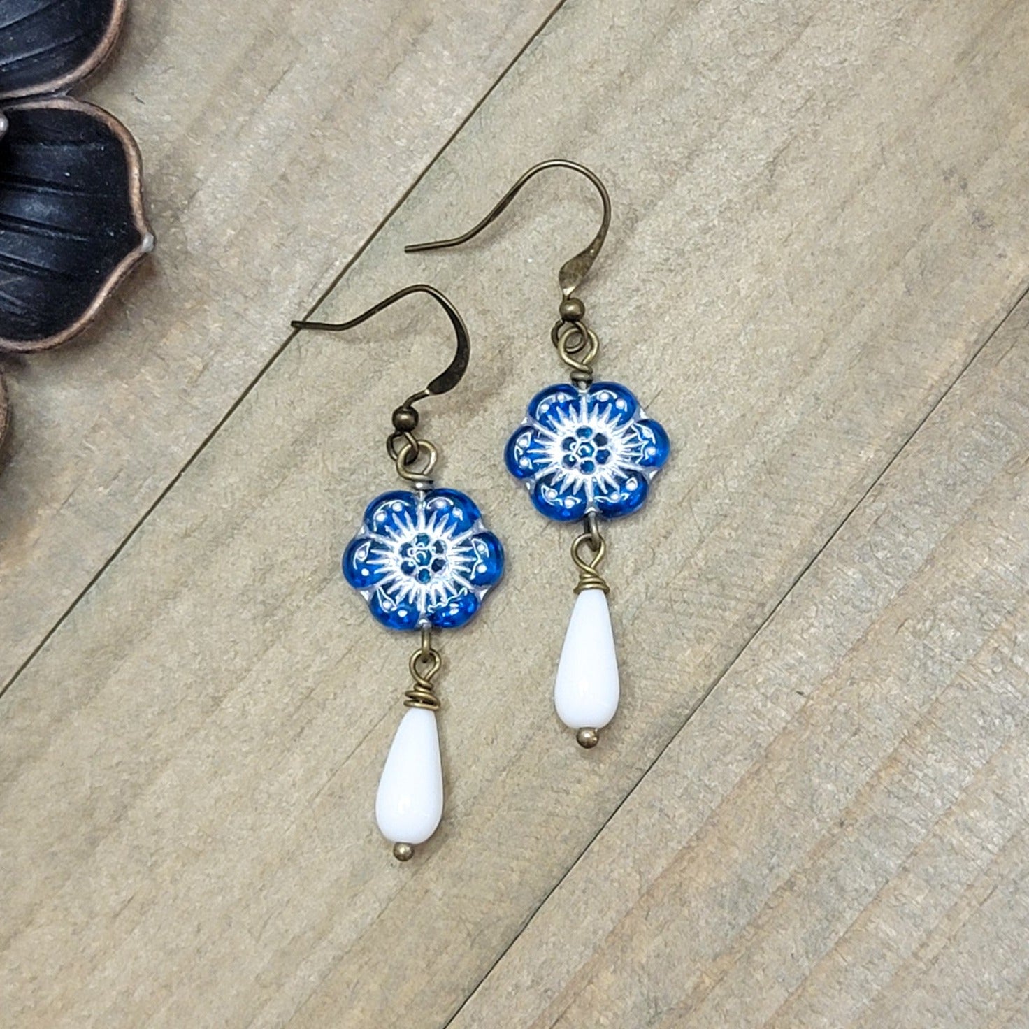 Blue and White Teardrop Flower Earrings, Nicki Lynn Jewelry 