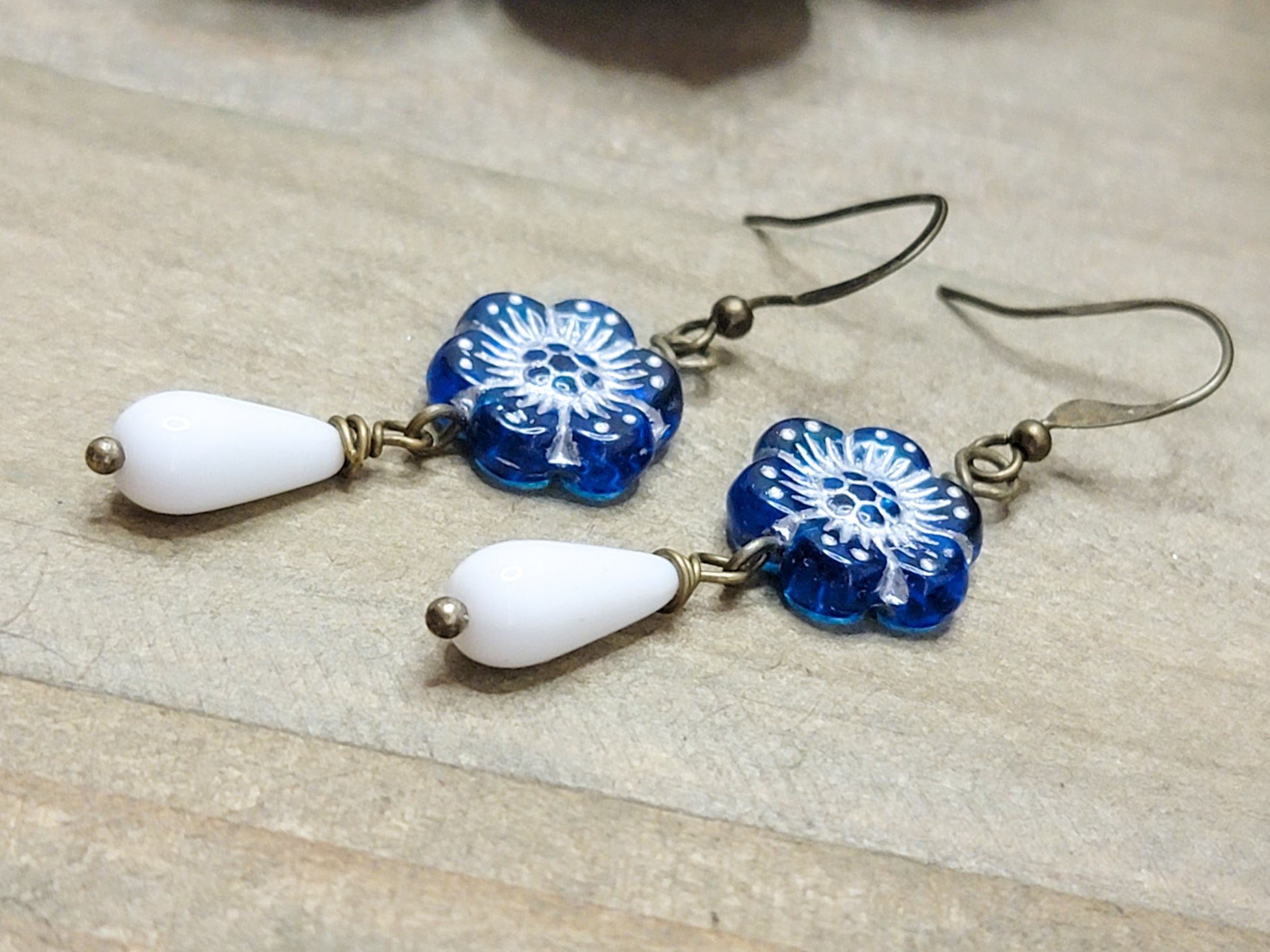 Blue and White Teardrop Flower Earrings, Nicki Lynn Jewelry 