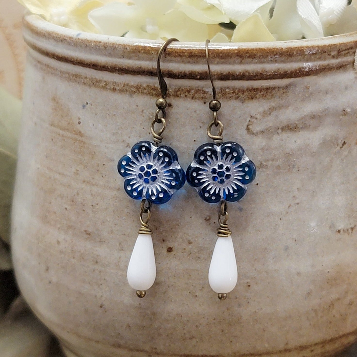 Blue and White Teardrop Flower Earrings, Nicki Lynn Jewelry 