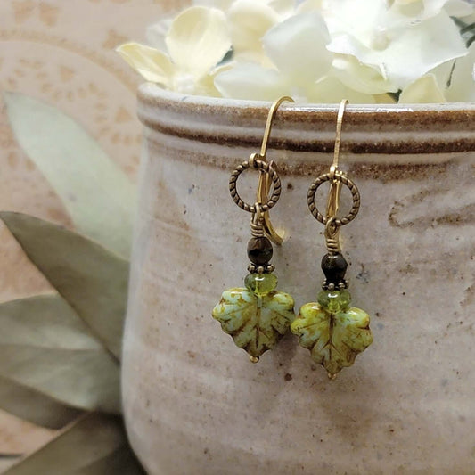 Rustic Green Fall Maple Leaf Earrings, Nicki Lynn Jewelry 