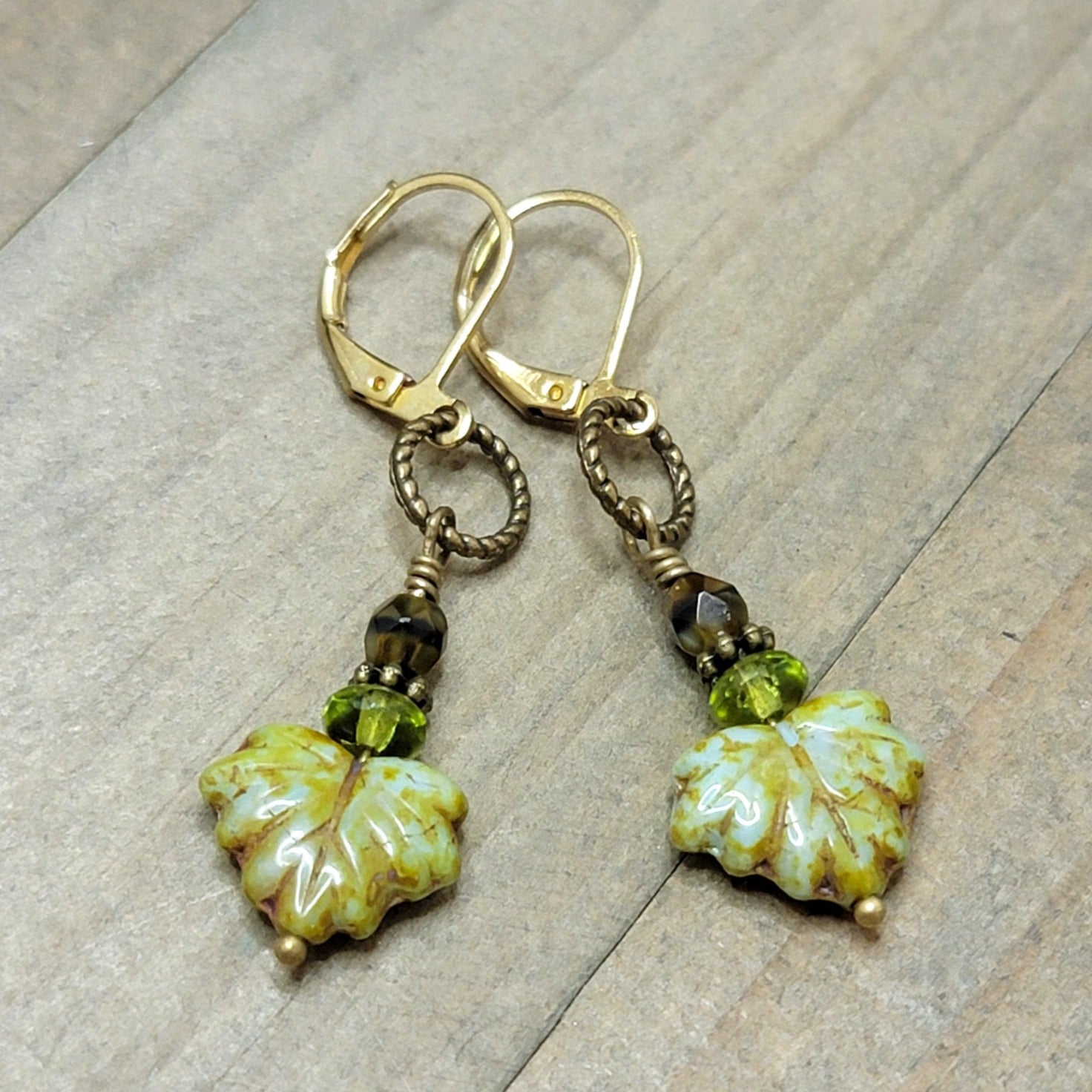 Rustic Green Fall Maple Leaf Earrings, Nicki Lynn Jewelry 