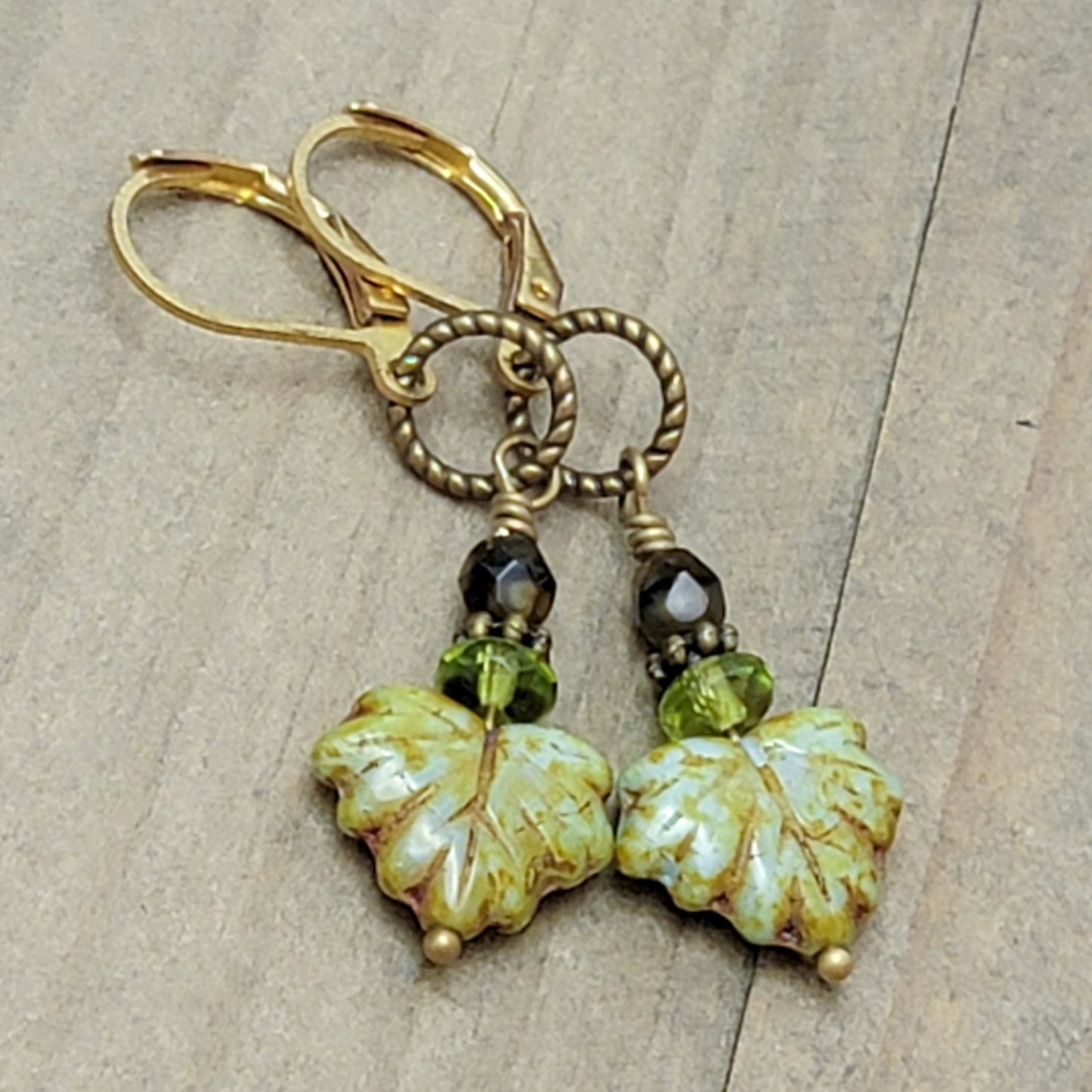 Rustic Green Fall Maple Leaf Earrings, Nicki Lynn Jewelry 