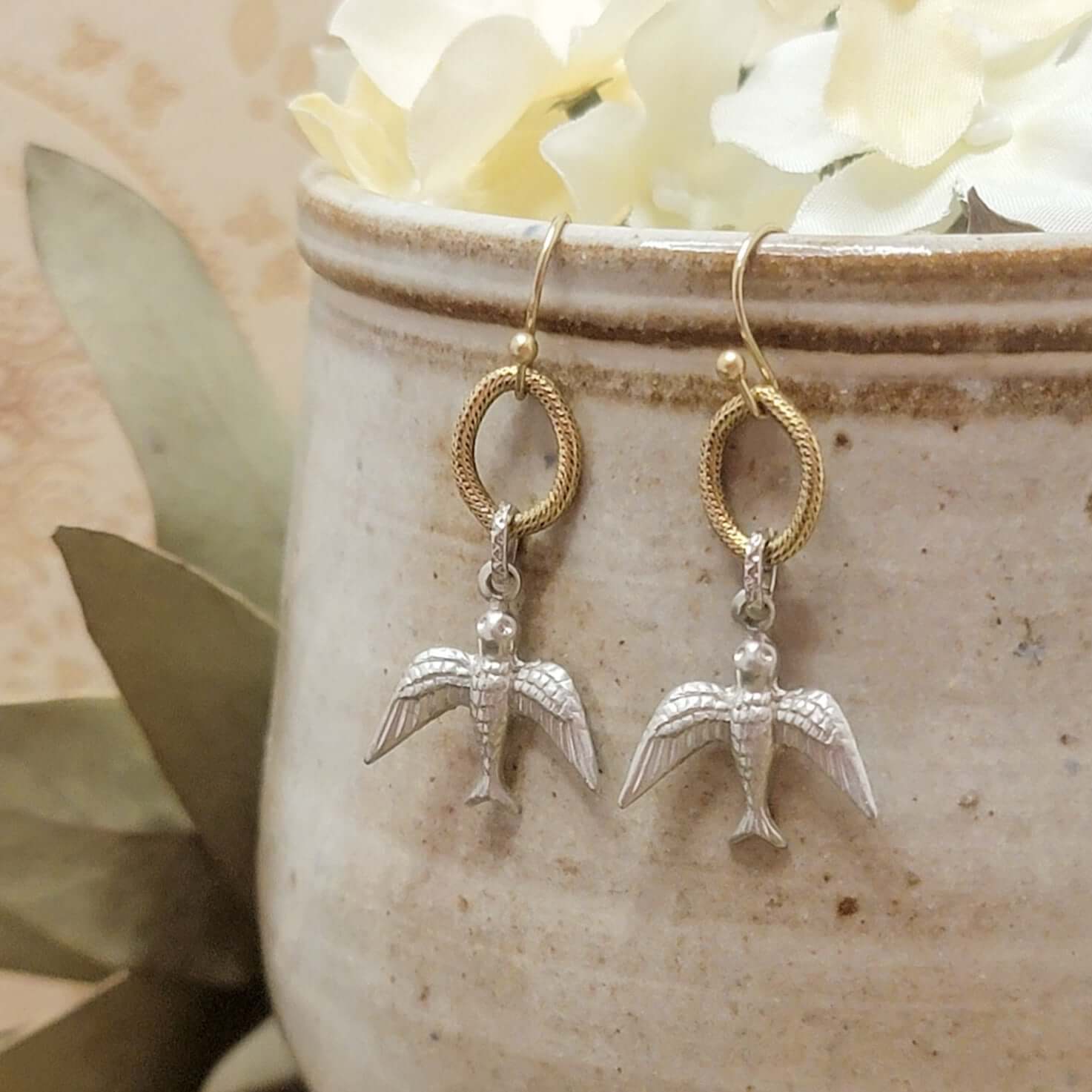 Mixed Metal Dove Dangle Earrings, Nicki Lynn Jewelry 