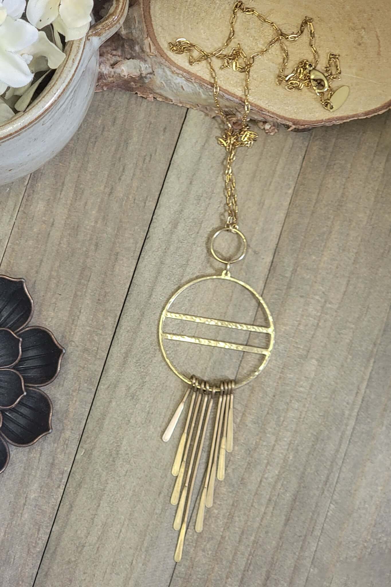 Long Gold Fringe Necklace-Hammered Brass, Nicki Lynn Jewelry 