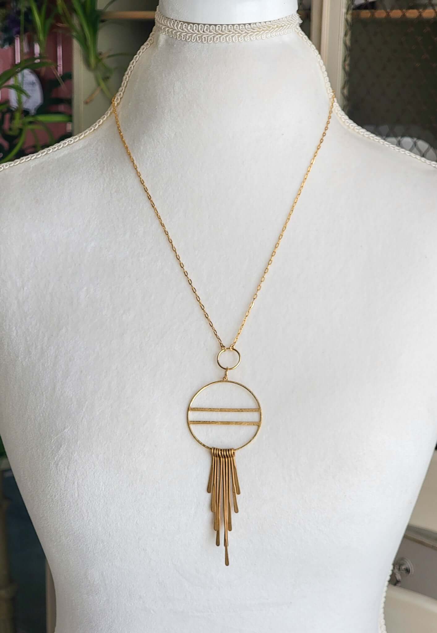 Long Gold Fringe Necklace-Hammered Brass, Nicki Lynn Jewelry 