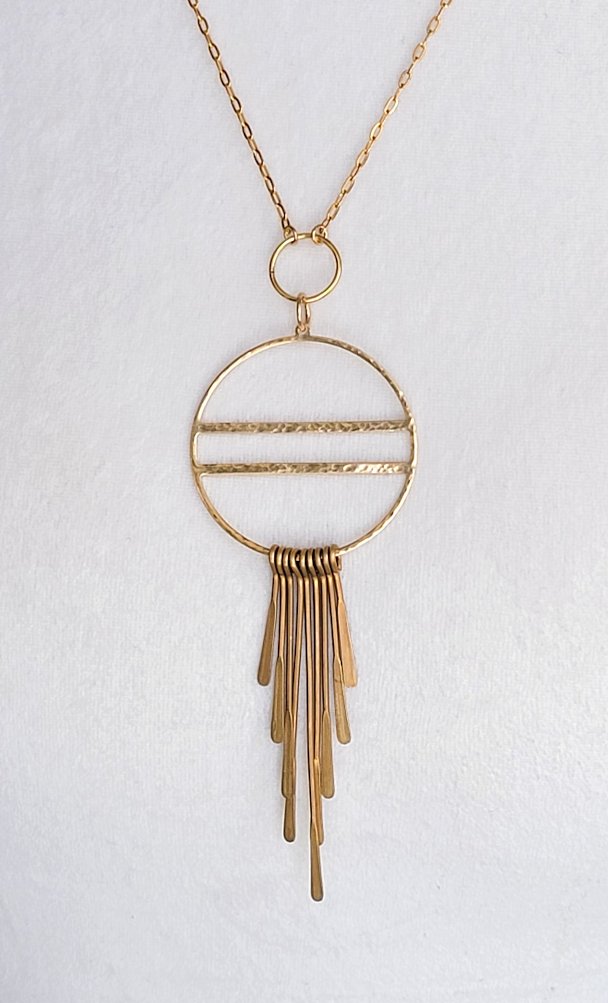 Long Gold Fringe Necklace-Hammered Brass, Nicki Lynn Jewelry 