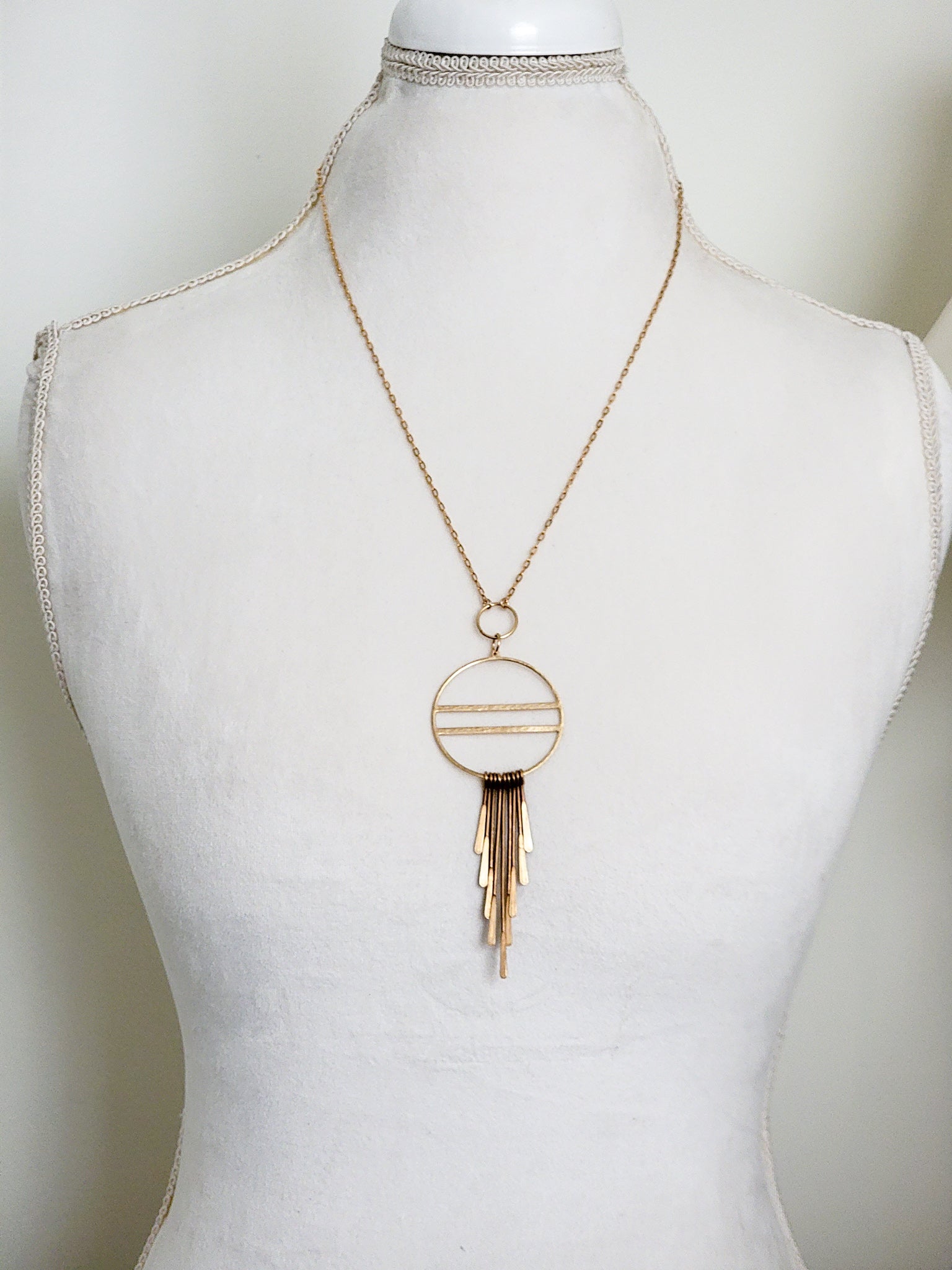 Long Gold Fringe Necklace-Hammered Brass, Nicki Lynn Jewelry 