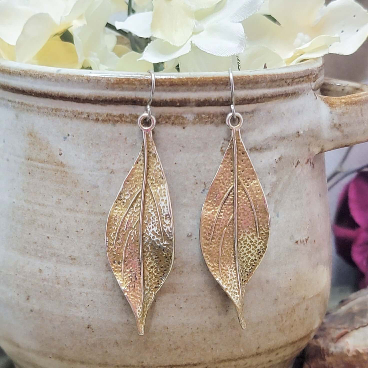 Silver and Gold Wavy Leaf Dangle Earrings- Hypoallergenic, Nicki Lynn Jewelry 