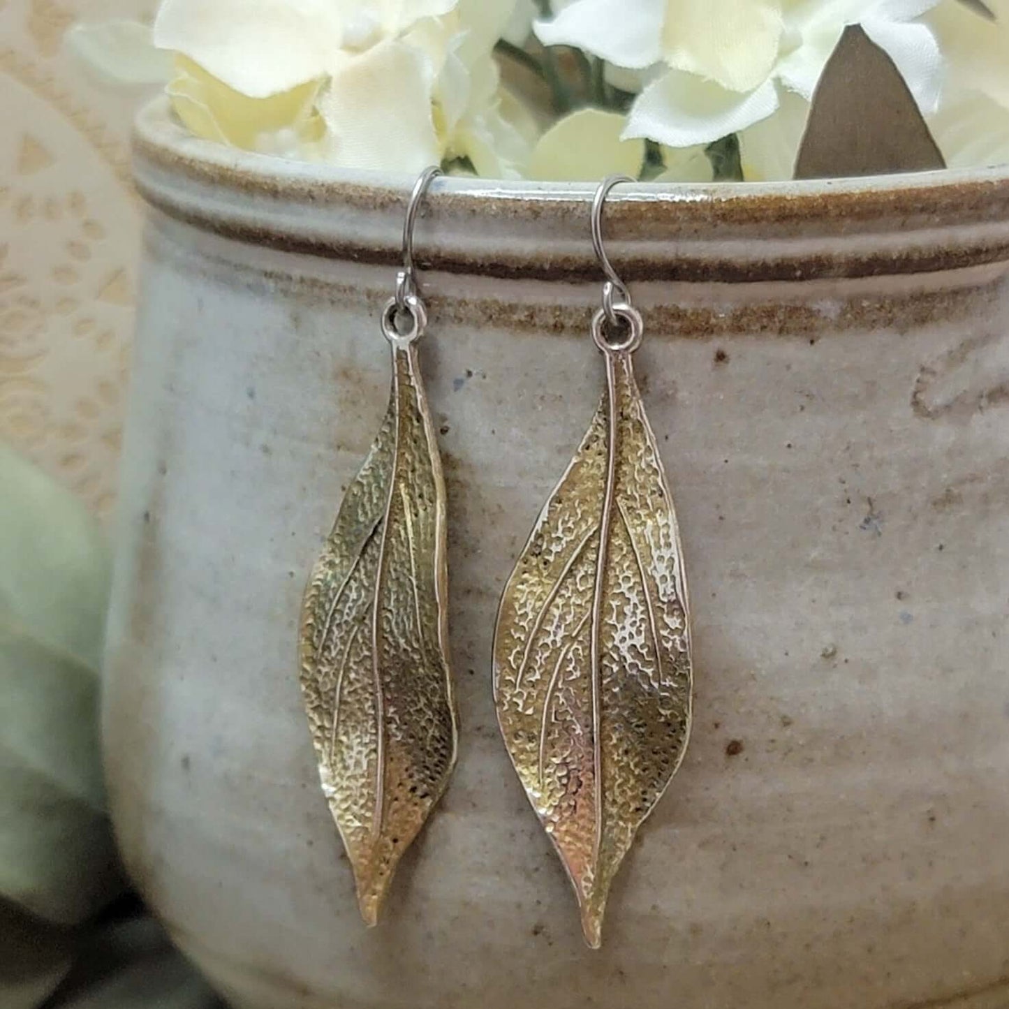 Silver and Gold Wavy Leaf Dangle Earrings- Hypoallergenic, Nicki Lynn Jewelry 