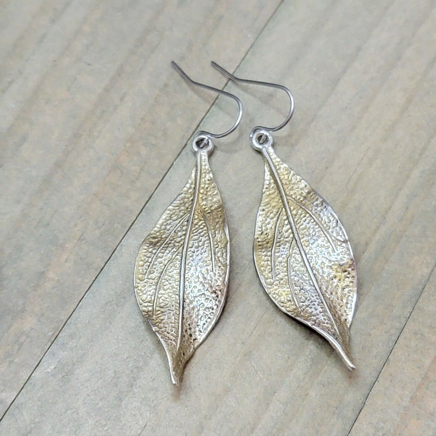 Silver and Gold Wavy Leaf Dangle Earrings- Hypoallergenic, Nicki Lynn Jewelry 