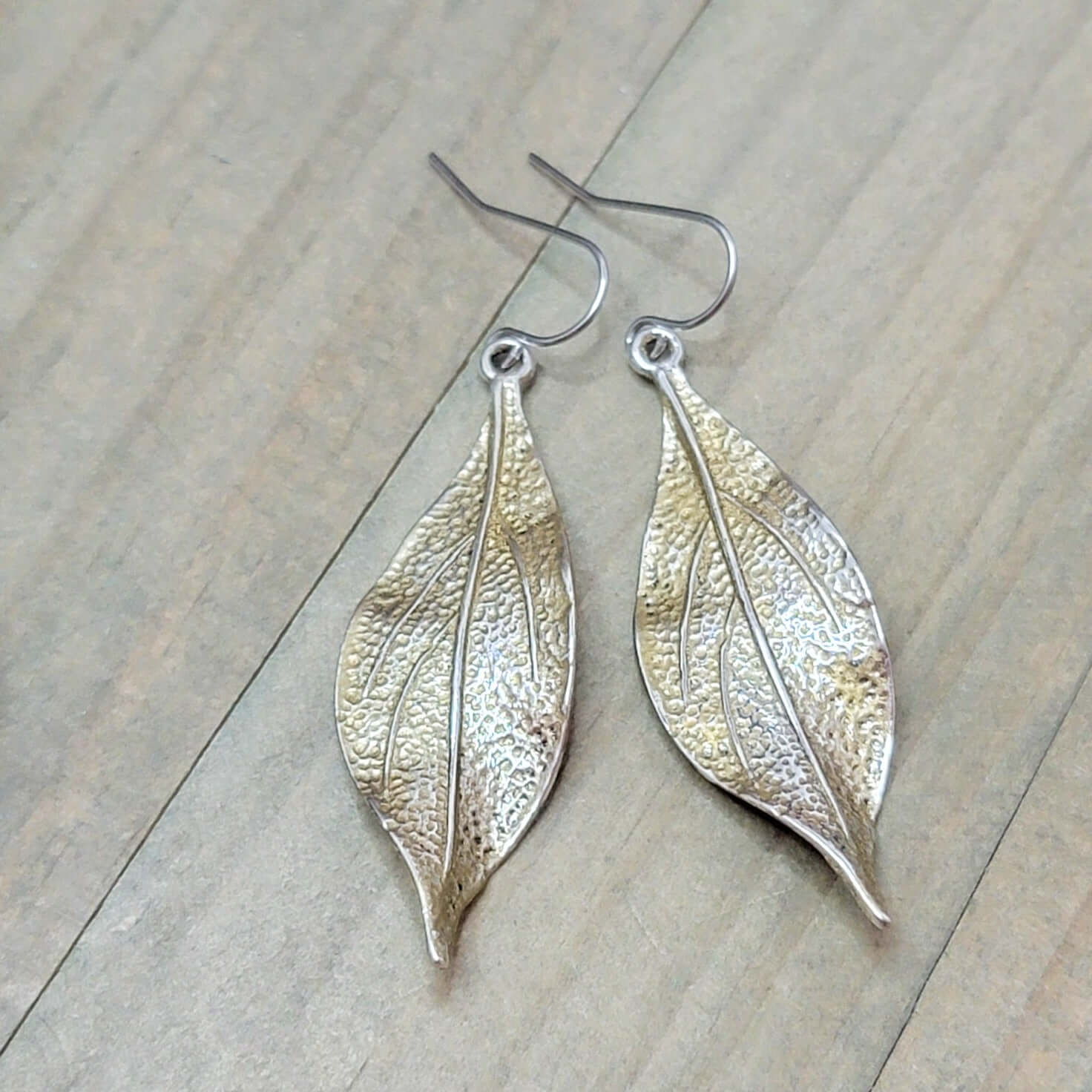 Silver and Gold Wavy Leaf Dangle Earrings- Hypoallergenic, Nicki Lynn Jewelry 