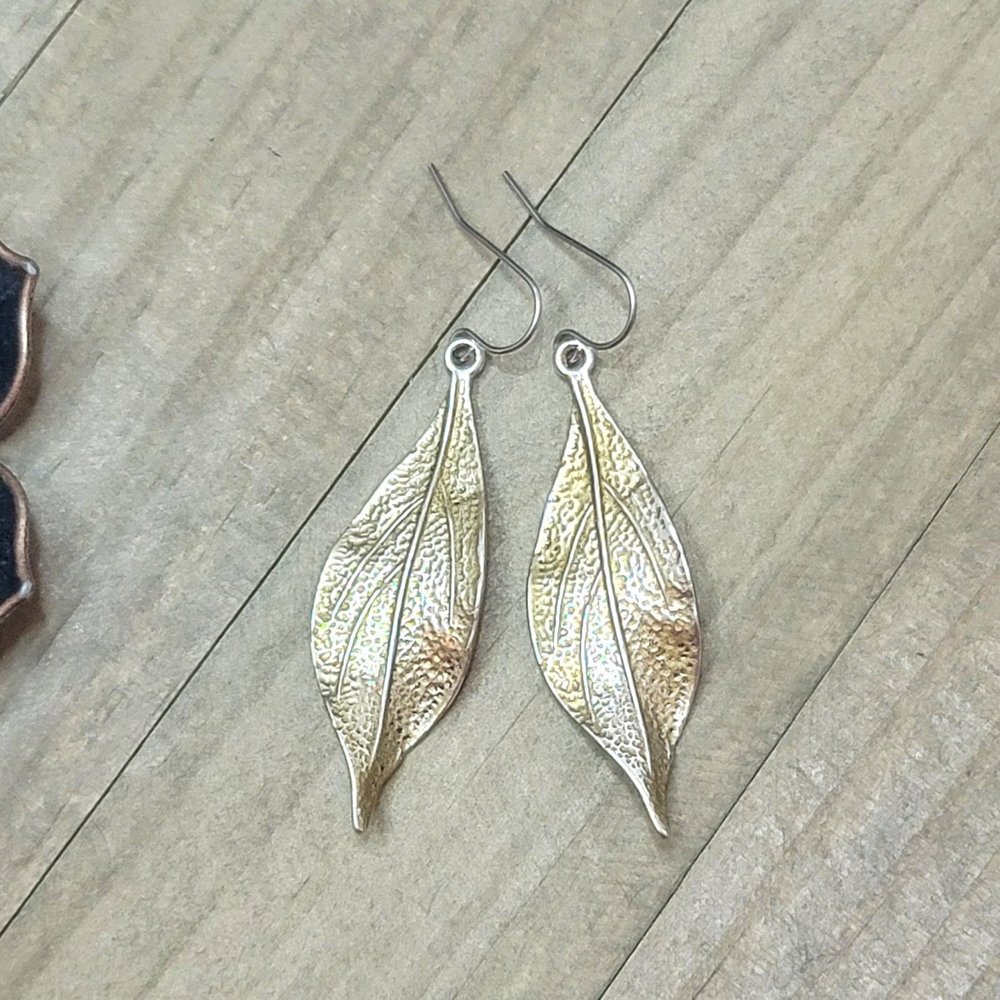 Silver and Gold Wavy Leaf Dangle Earrings- Hypoallergenic, Nicki Lynn Jewelry 