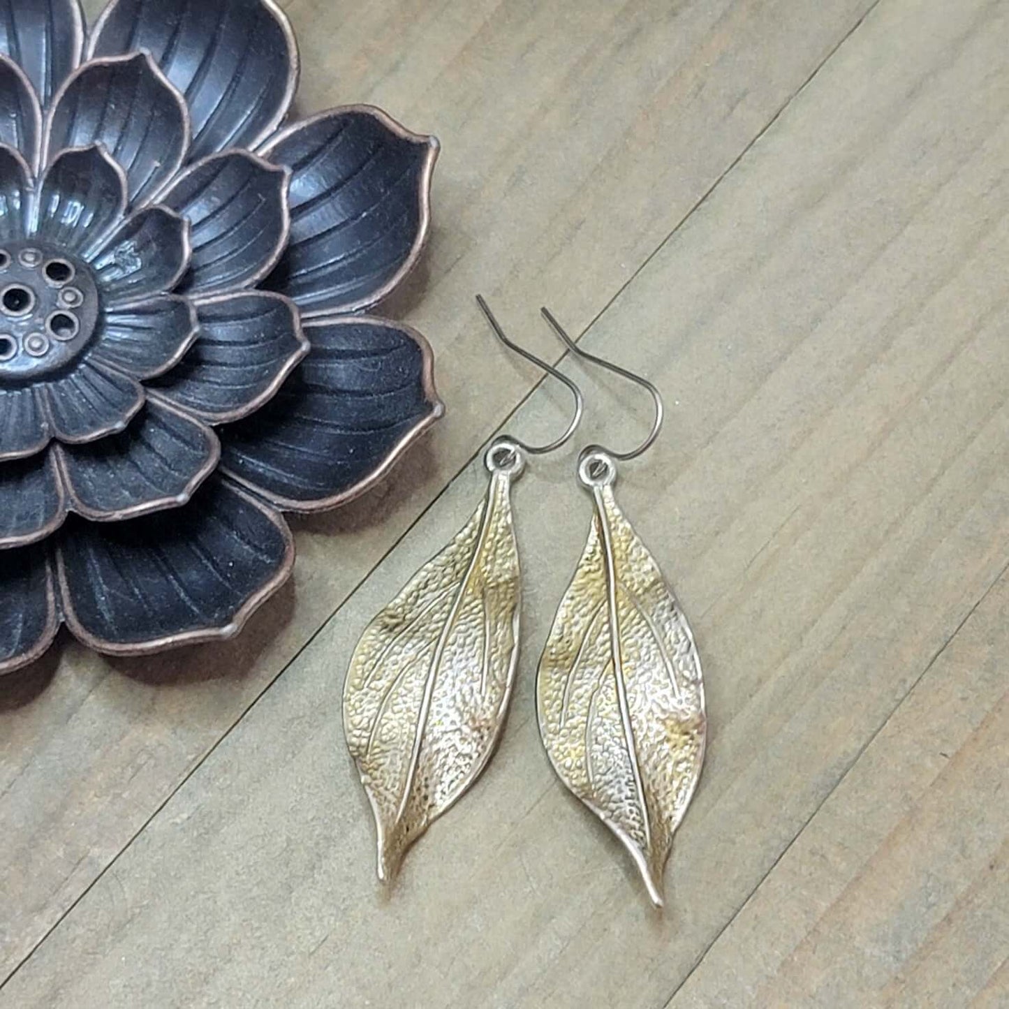 Silver and Gold Wavy Leaf Dangle Earrings- Hypoallergenic, Nicki Lynn Jewelry 