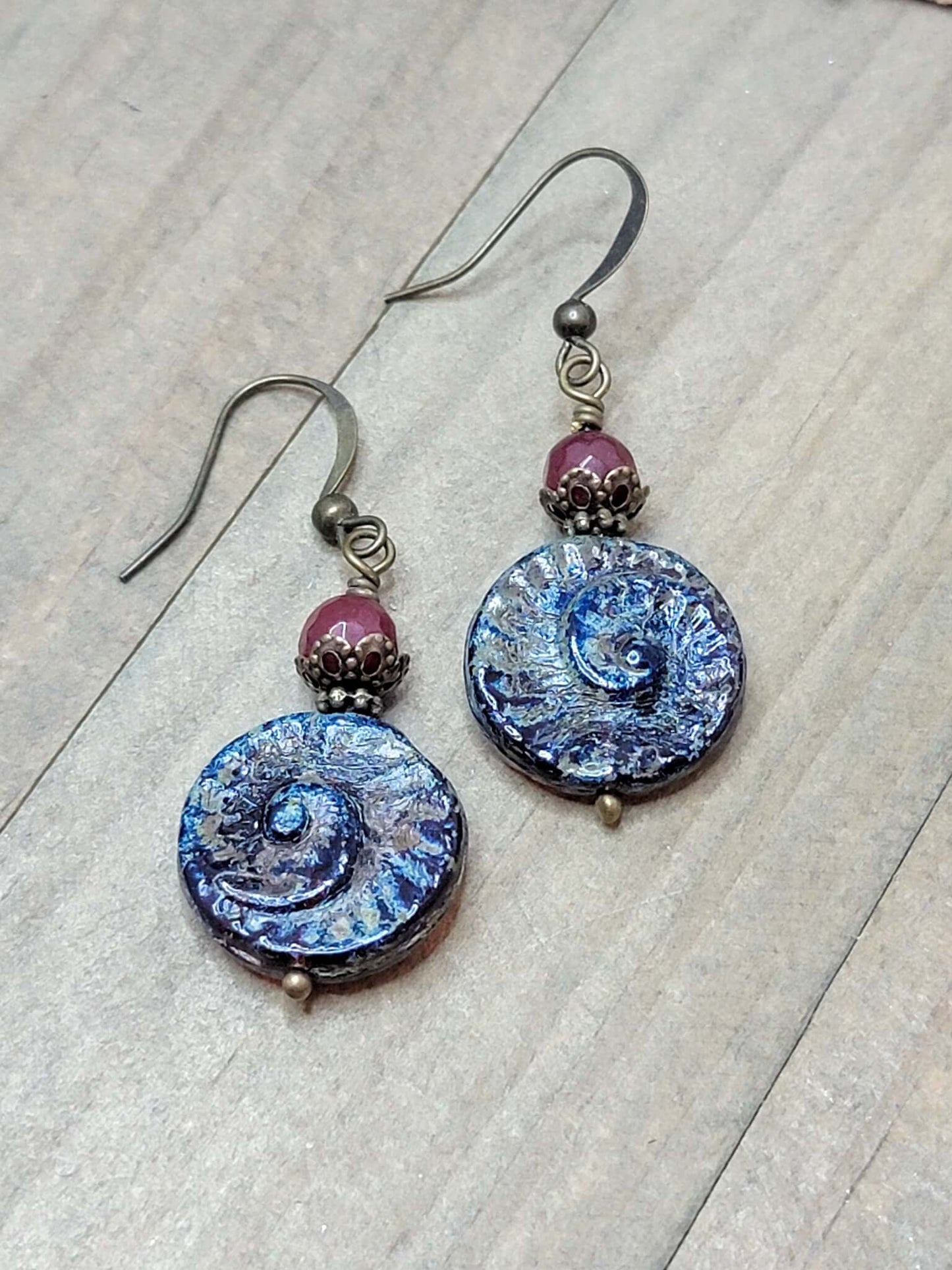 Rustic Czech Glass and Ruby Gemstone Earrings