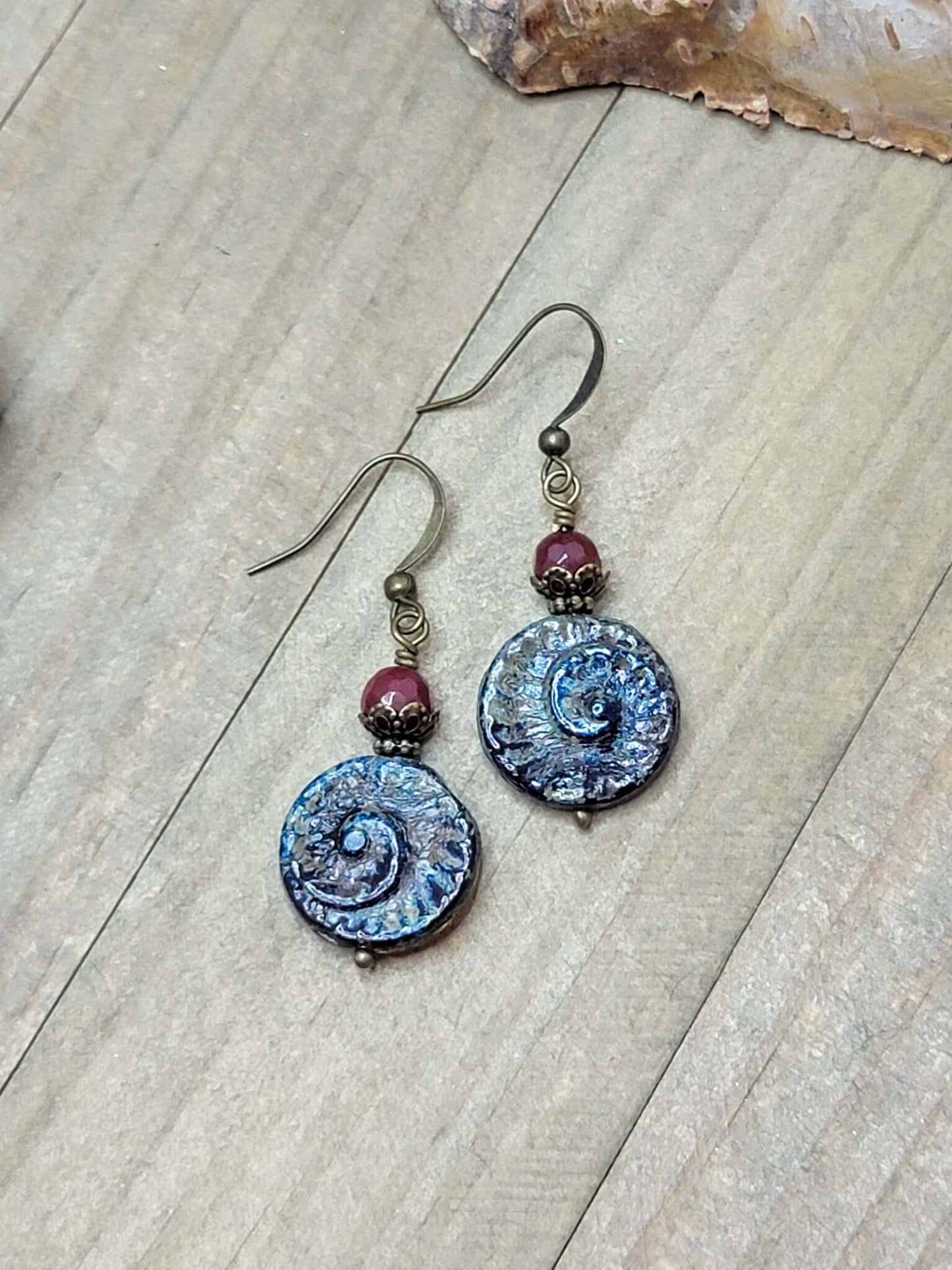 Rustic Czech Glass and Ruby Gemstone Earrings