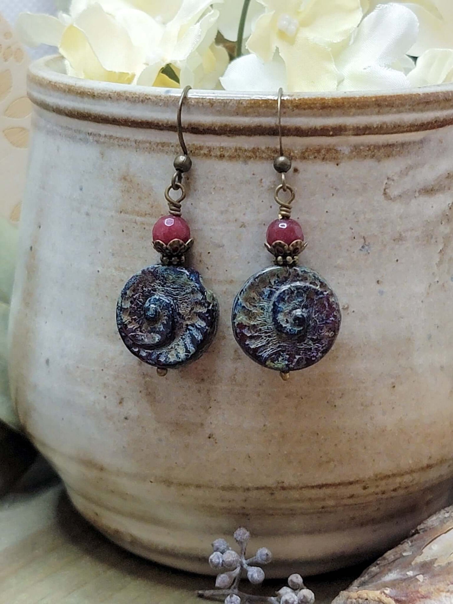 Rustic Czech Glass and Ruby Gemstone Earrings
