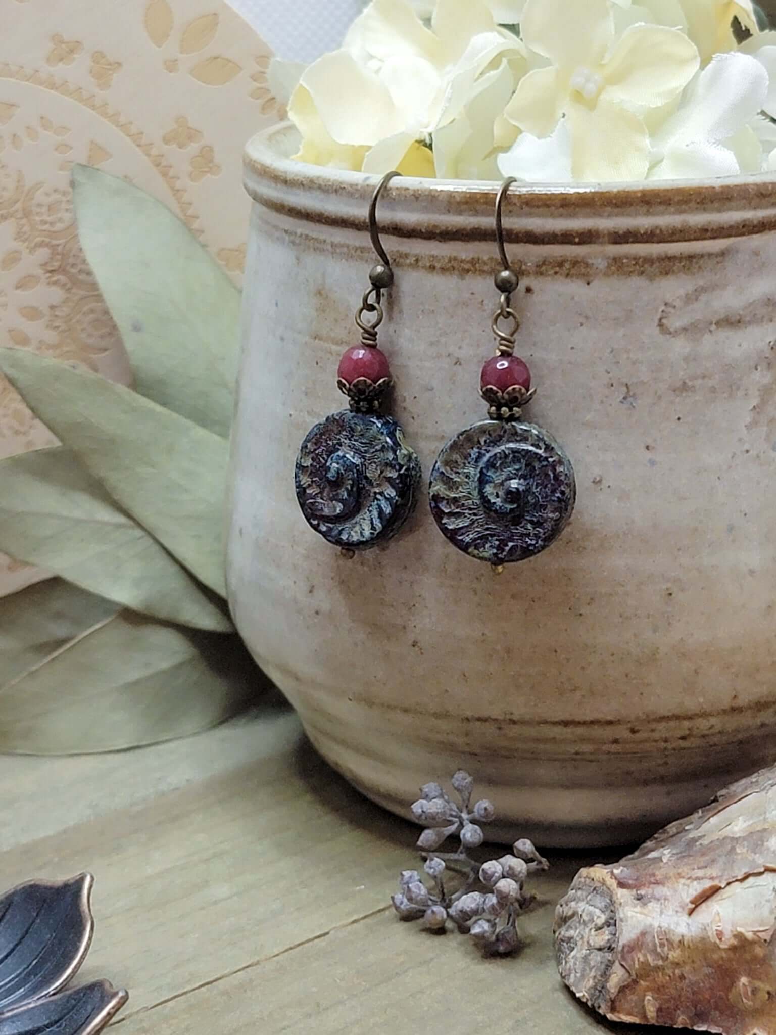 Rustic Czech Glass and Ruby Gemstone Earrings, Nicki Lynn Jewelry 