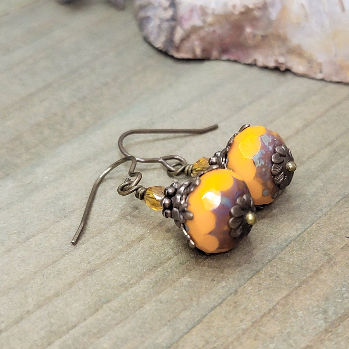 Orange Artisan Czech Glass Rondelle Earrings with Antiqued Brass, Nicki Lynn Jewelry 