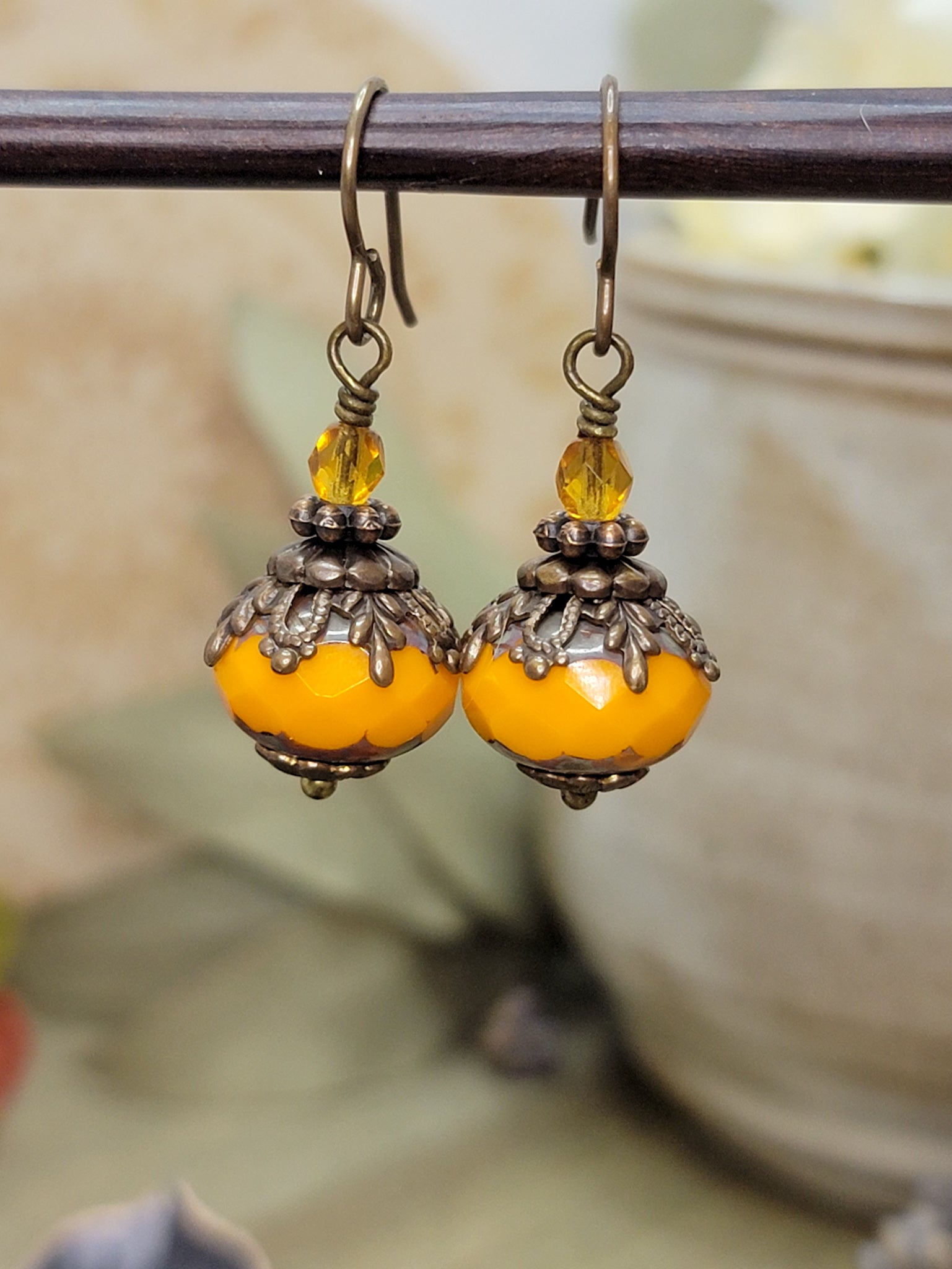 Orange Artisan Czech Glass Rondelle Earrings with Antiqued Brass, Nicki Lynn Jewelry 