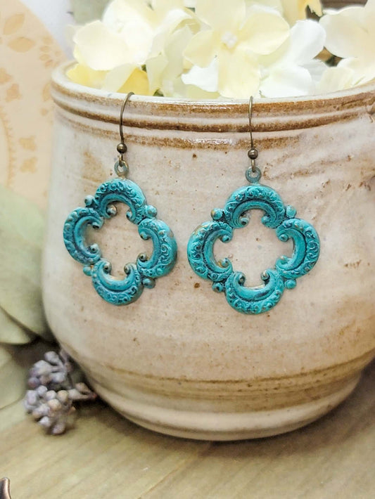 Nicki Lynn Jewelry Rustic Clover Moroccan Patina Earrings Nicki Lynn Jewelry CLEARANCE:N COLOR_Patina FLOORSET:2019 DEC MAT:Brass P:10-2020 PRICE_$10 - $25 PRICE_$25 - $50 STYLE:Rustic