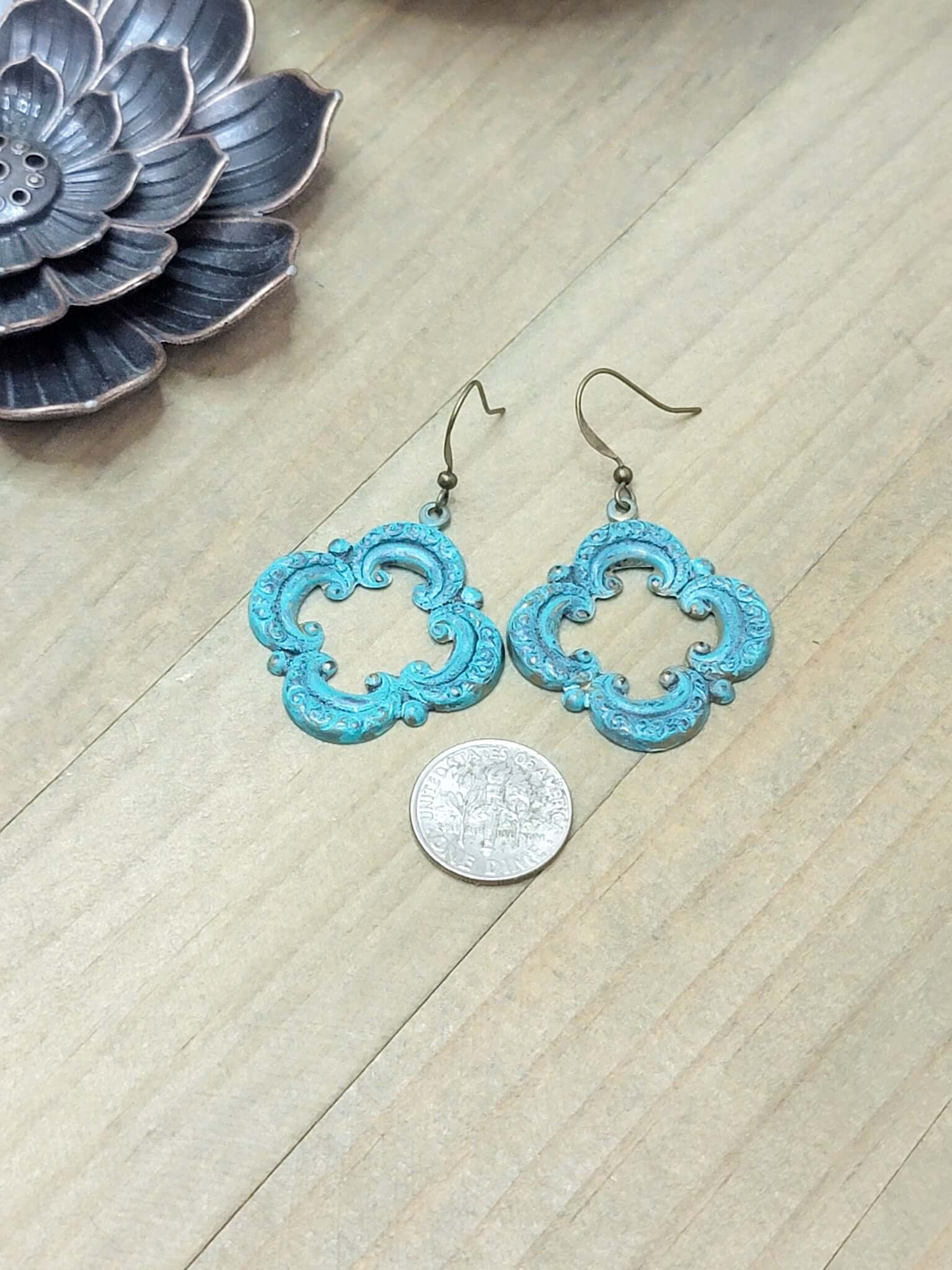 Nicki Lynn Jewelry Rustic Clover Moroccan Patina Earrings Nicki Lynn Jewelry CLEARANCE:N COLOR_Patina FLOORSET:2019 DEC MAT:Brass P:10-2020 PRICE_$10 - $25 PRICE_$25 - $50 STYLE:Rustic