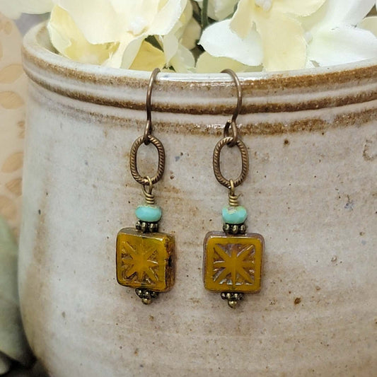 Rustic Bronze, Mustard Yellow & Turquoise Czech Glass Bead Earrings, Nicki Lynn Jewelry 