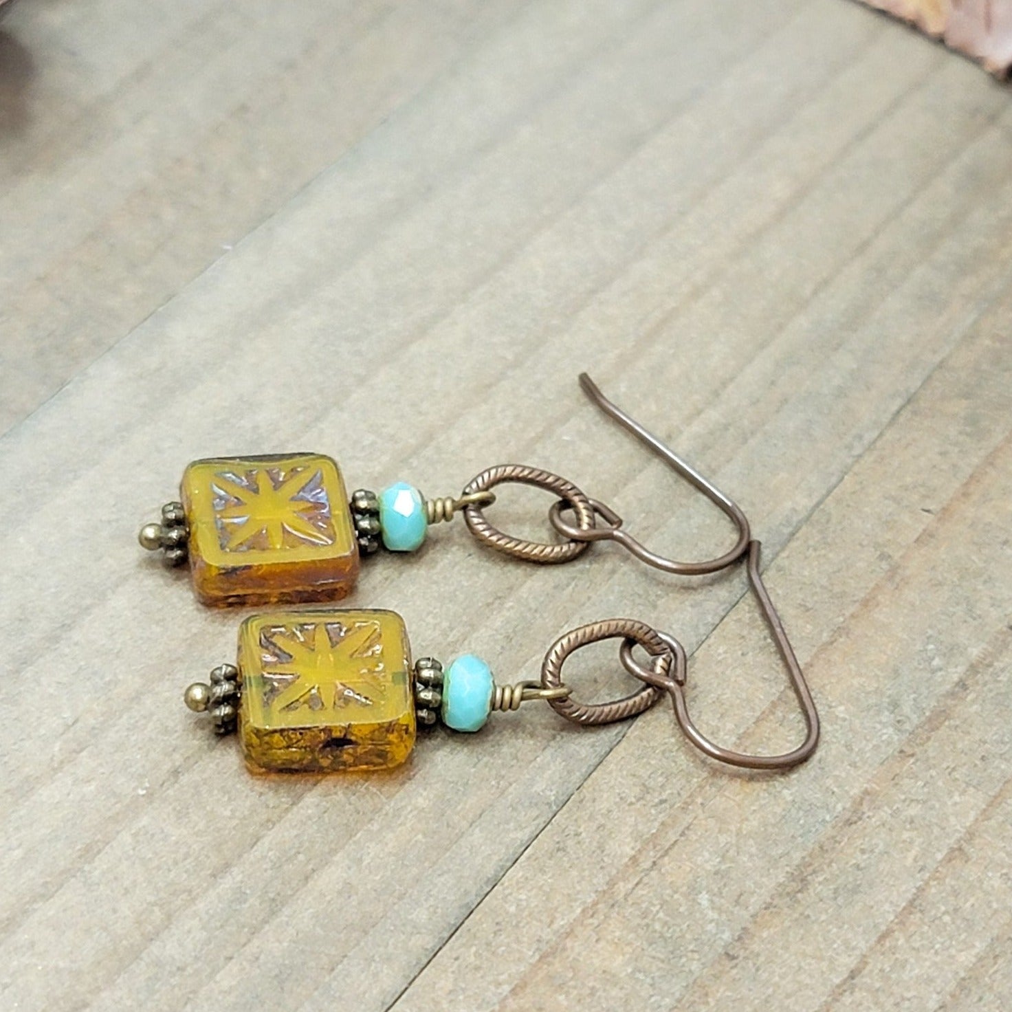 Rustic Bronze, Mustard Yellow & Turquoise Czech Glass Bead Earrings, Nicki Lynn Jewelry 
